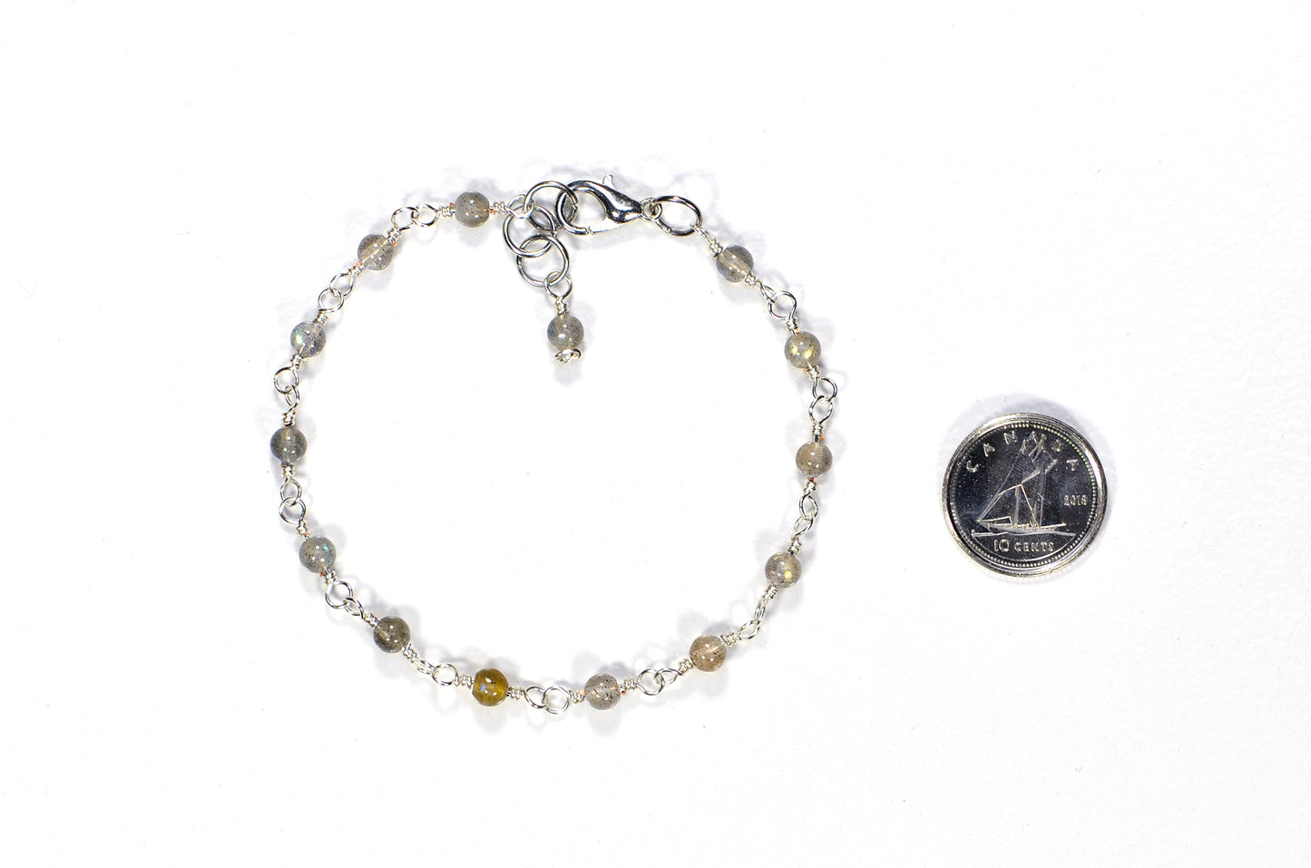 4mm Labradorite Link Chain Anklet beside a dime.
