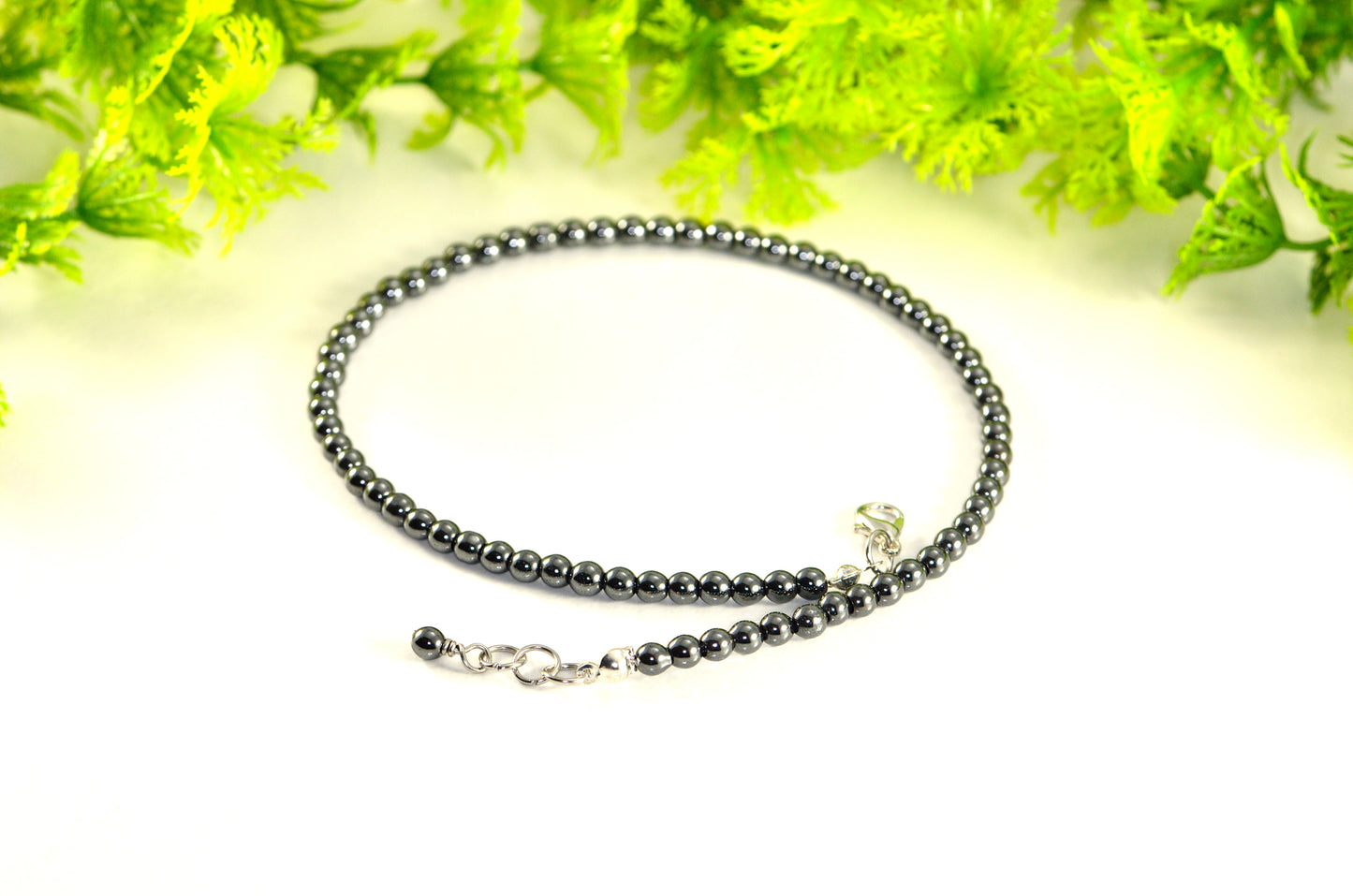 Close up of 4mm Natural Hematite Choker Necklace.