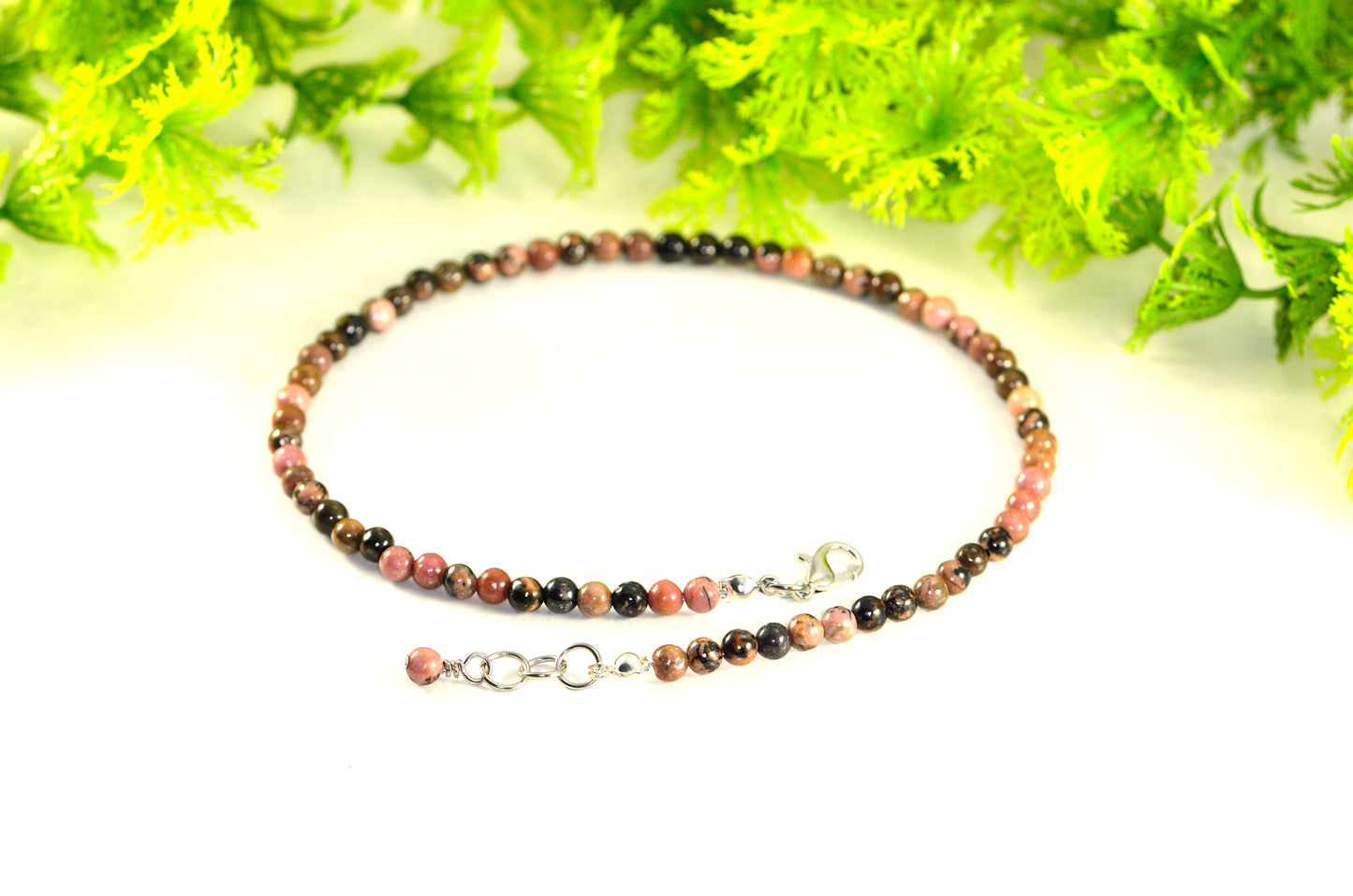 4mm Natural Rhodonite Choker Necklace with clasp and a cute little dangle.