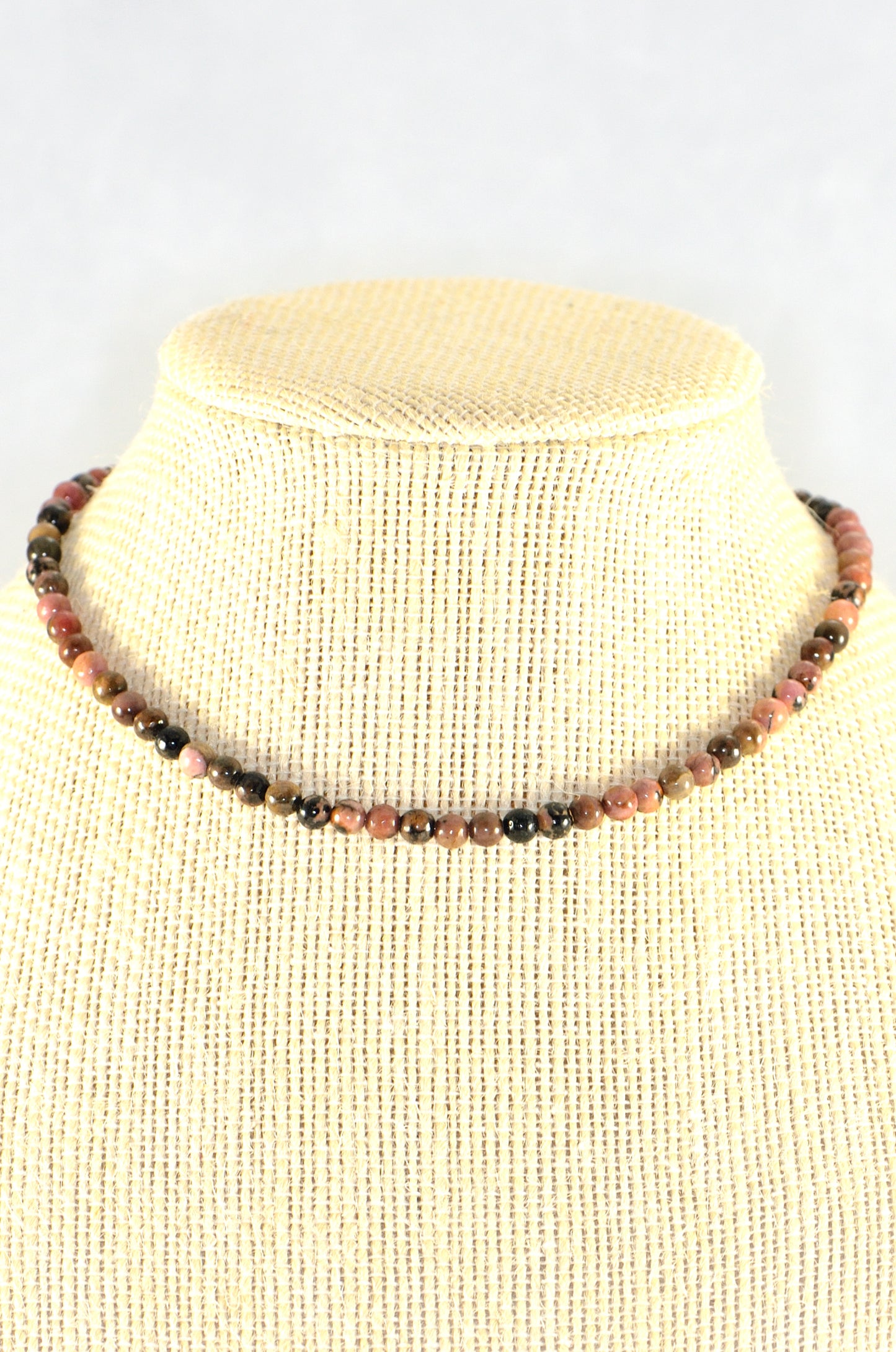 Close up of 4mm Natural Rhodonite Choker Necklace.