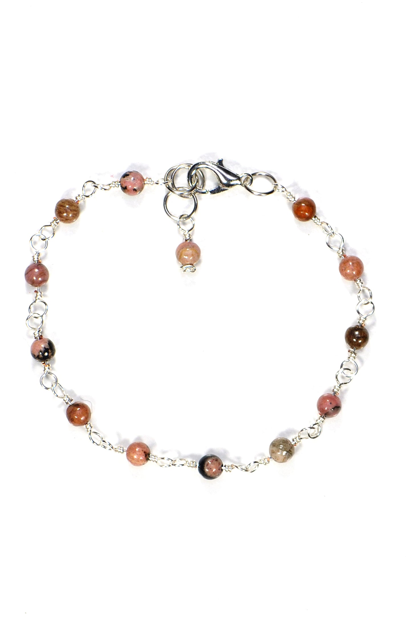 Top view of 4mm Natural Rhodonite Link Anklet.