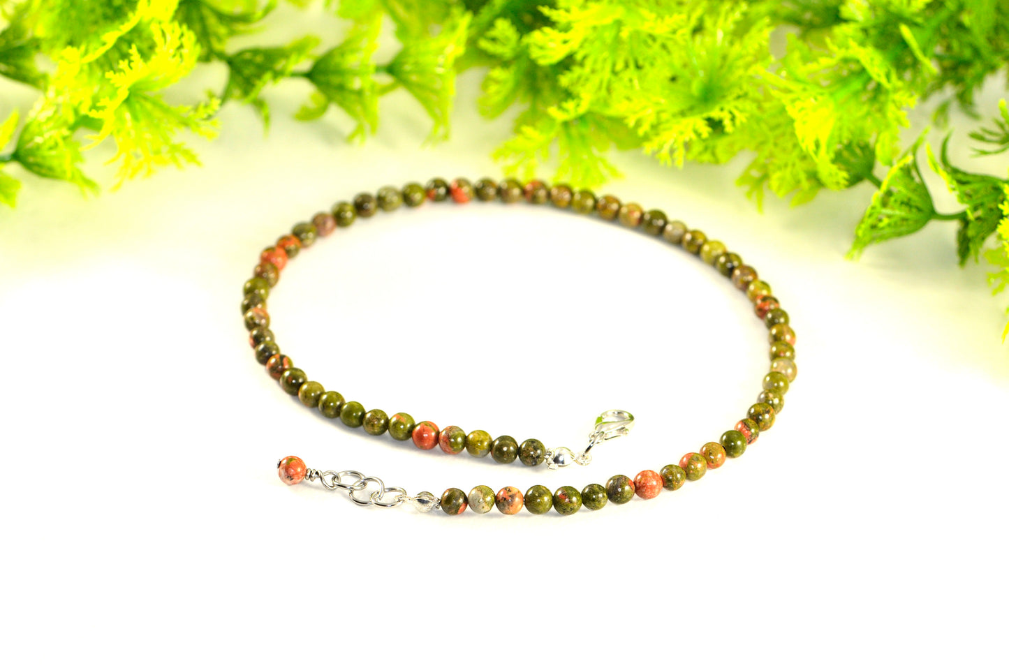 4mm Natural Unakite Choker Necklace with clasp and a cute little dangle.