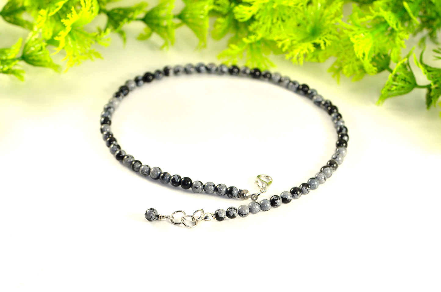 4mm Snowflake Obsidian Crystal Choker Necklace with clasp and a cute little dangle.