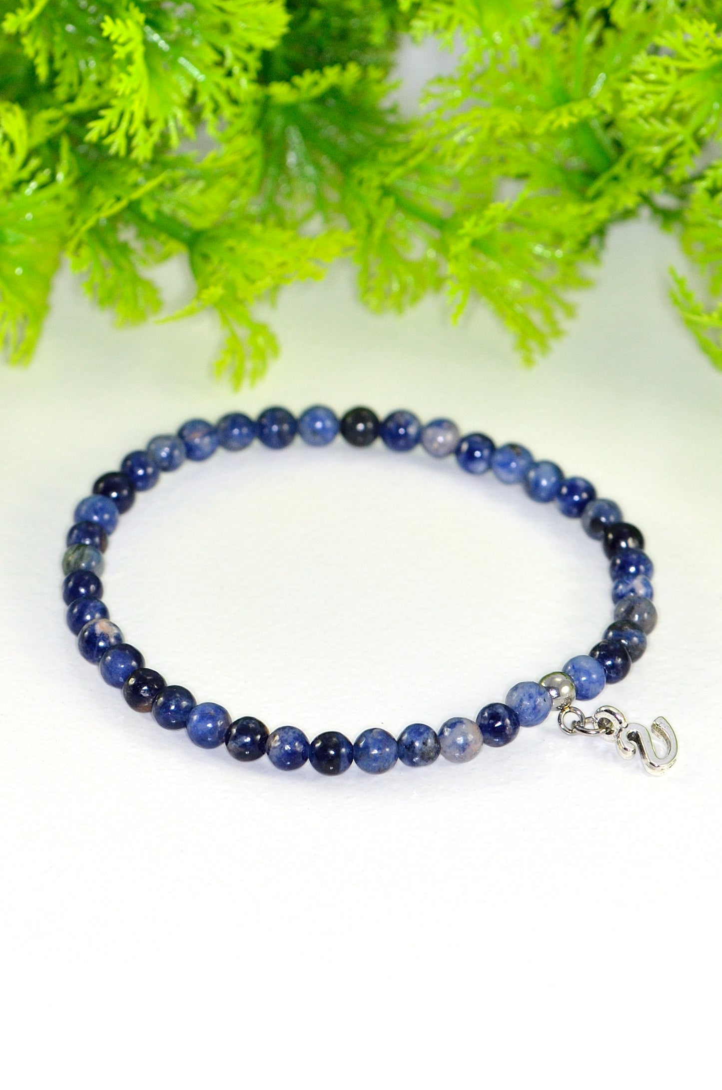 Close up of 4mm Sodalite Bracelet with Initial