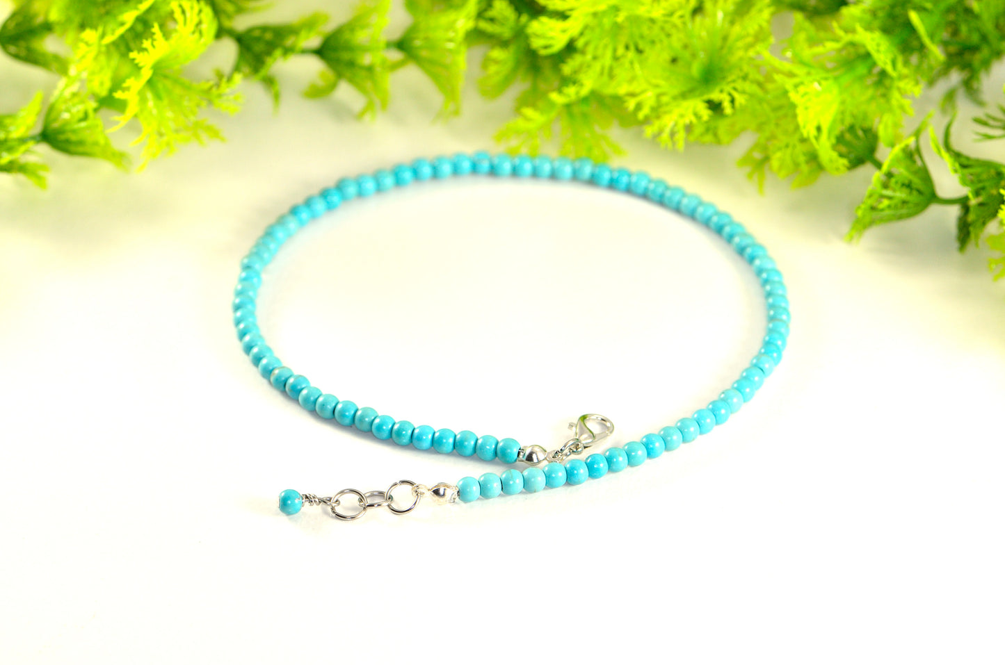 4mm Turquoise Howlite Choker Necklace with clasp and a cute little dangle.