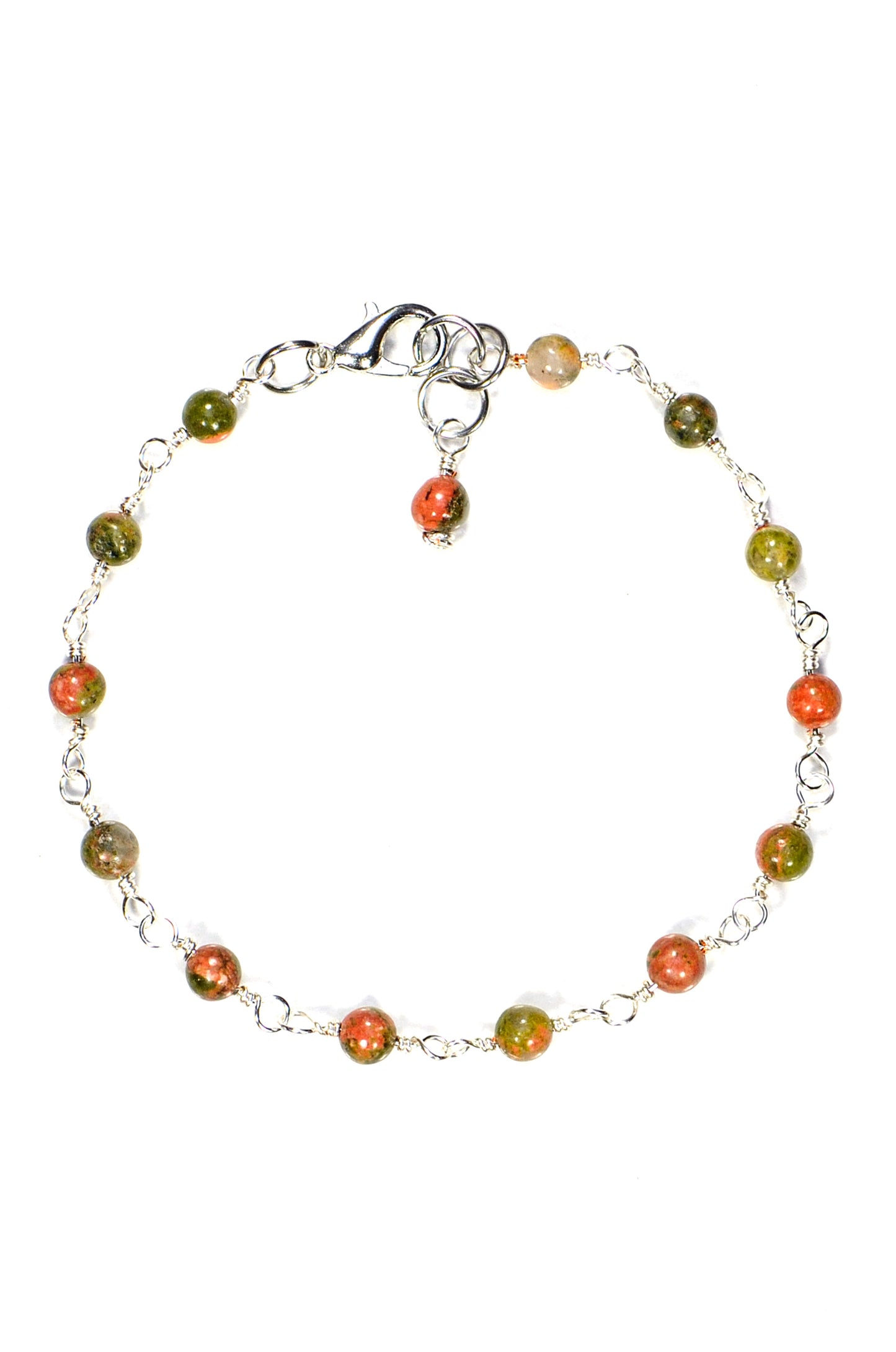 Top view of 4mm Unakite Jasper Link Anklet.