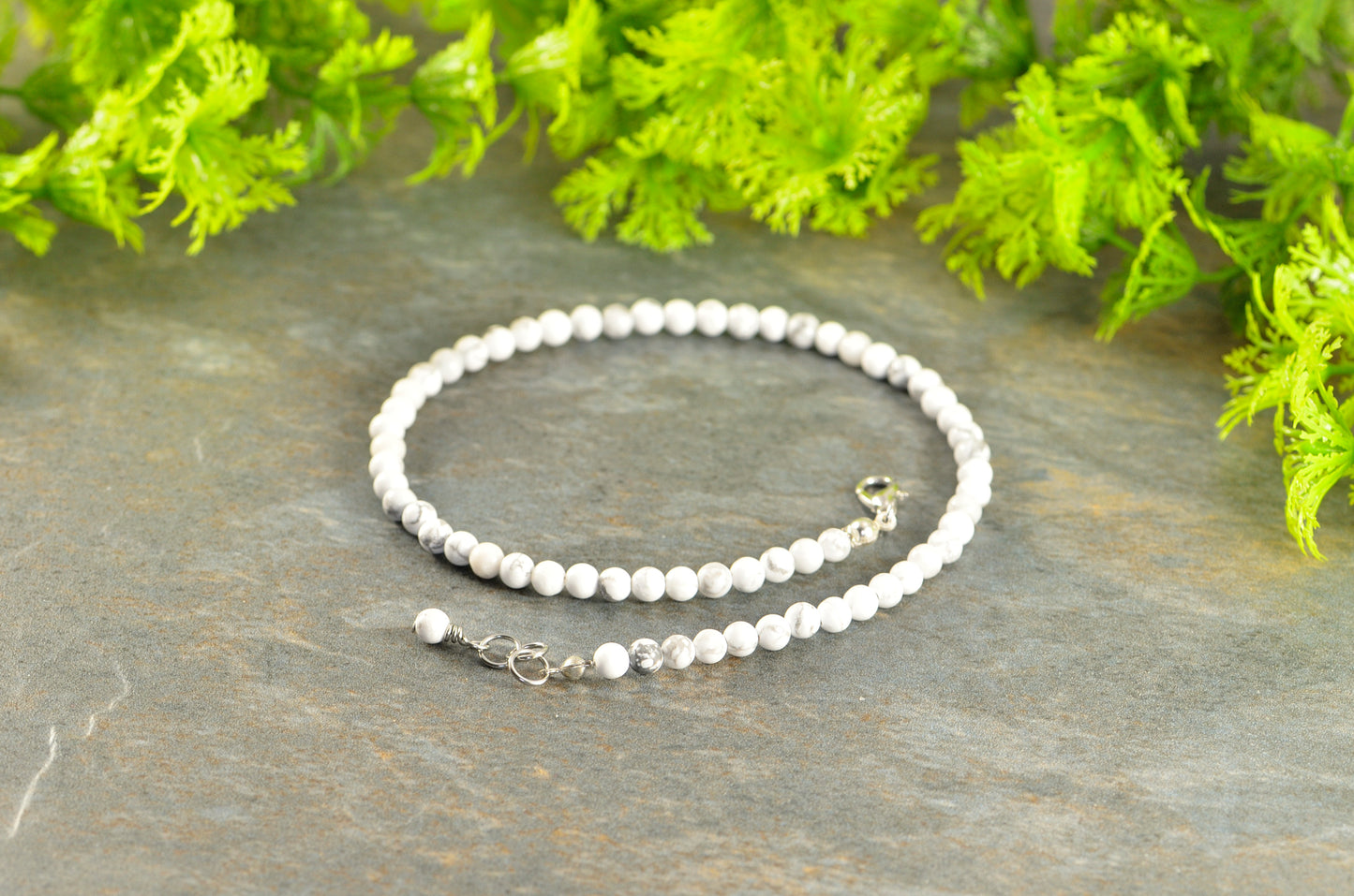 Close up of 4mm White Howlite Choker Necklace.