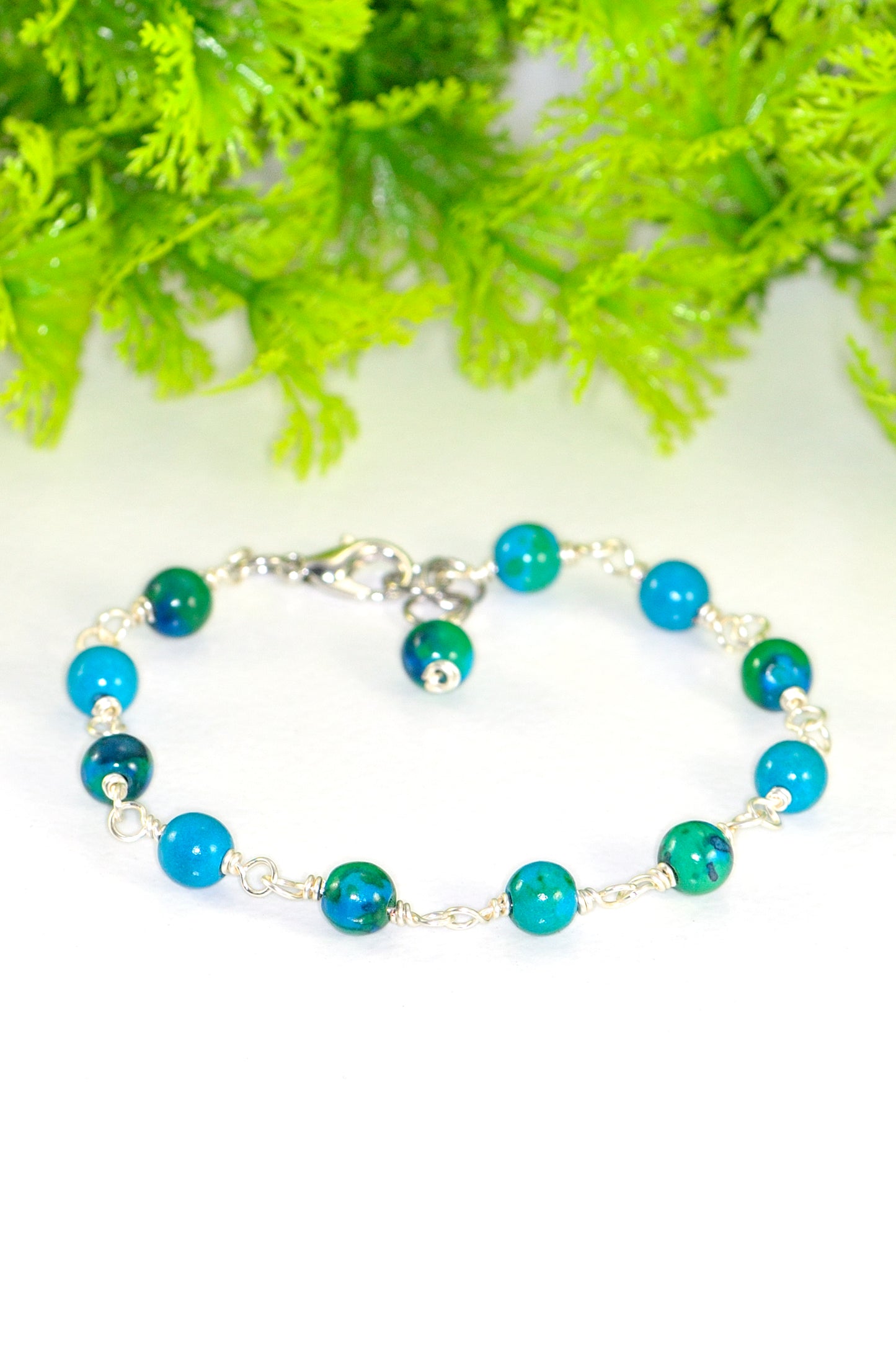 Close up of 6mm Blue Jade Link Bracelet.