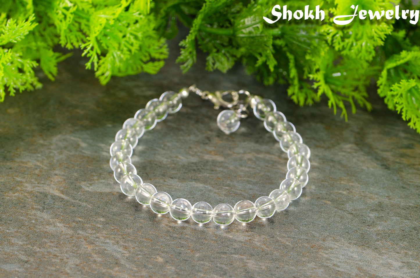 Close up of 6mm Clear Quartz Beaded Anklet.