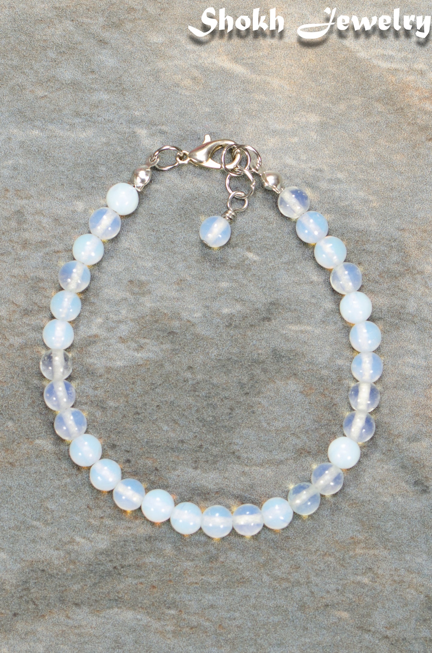 Top view of 6mm Clear White Opalite Beaded Anklet.