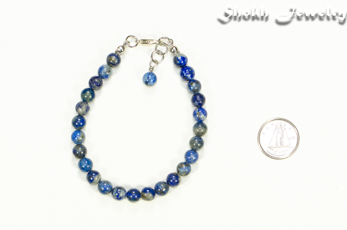 6mm Lapis Lazuli Beaded Anklet beside a dime.
