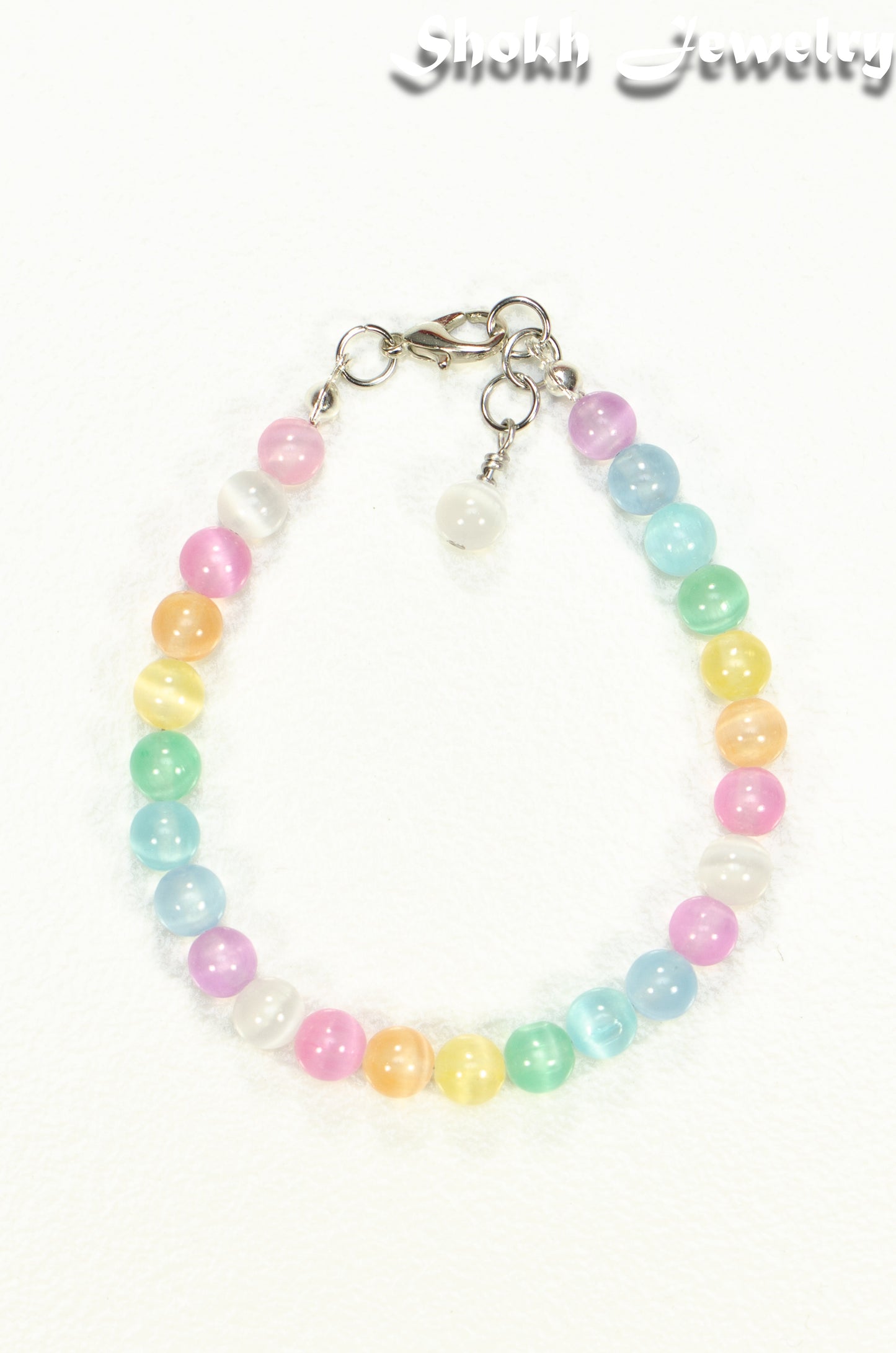 Top view of 6mm Rainbow Selenite Anklet.
