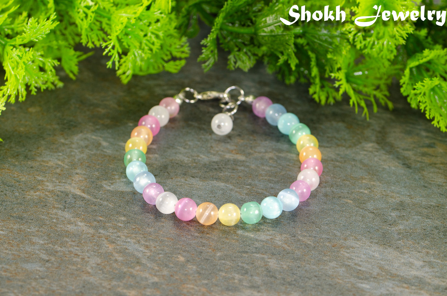 Close up of 6mm Rainbow Selenite Anklet.