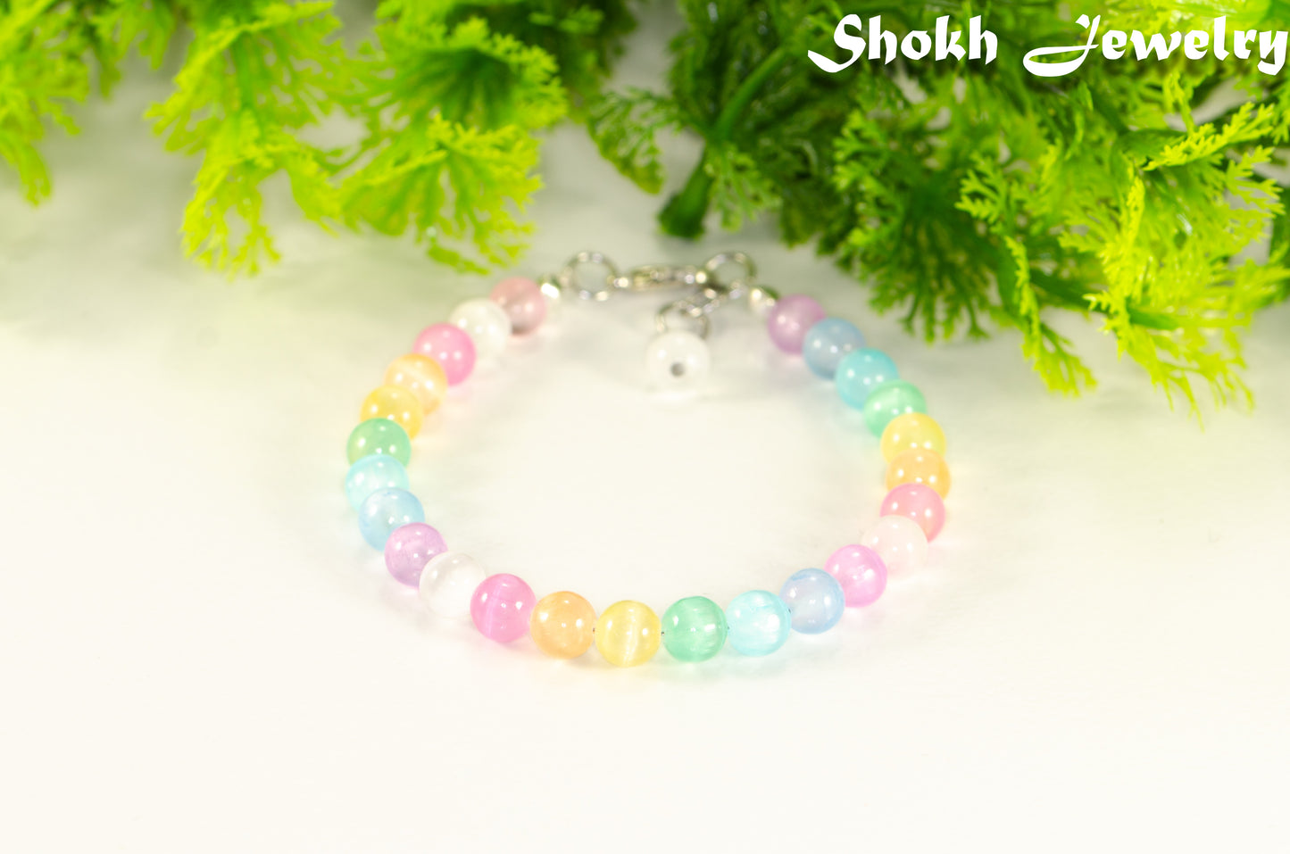 Close up of 6mm Rainbow Selenite Anklet.