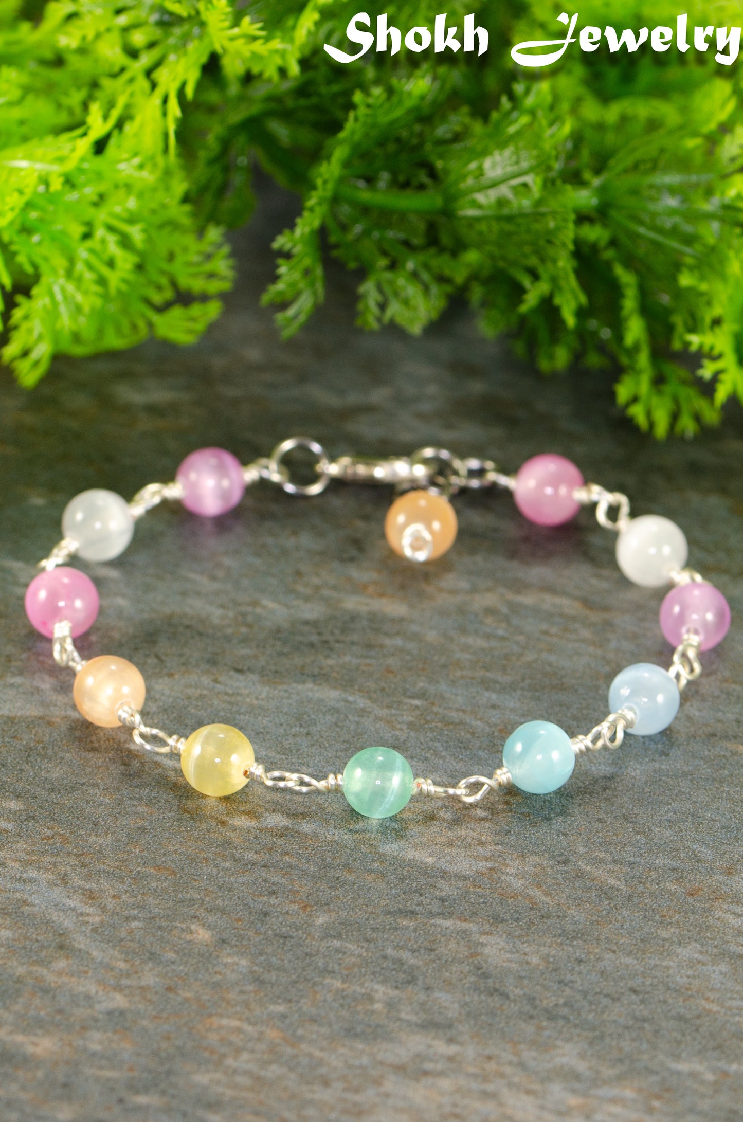 6mm Rainbow Selenite Link Anklet with clasp and a dangle.