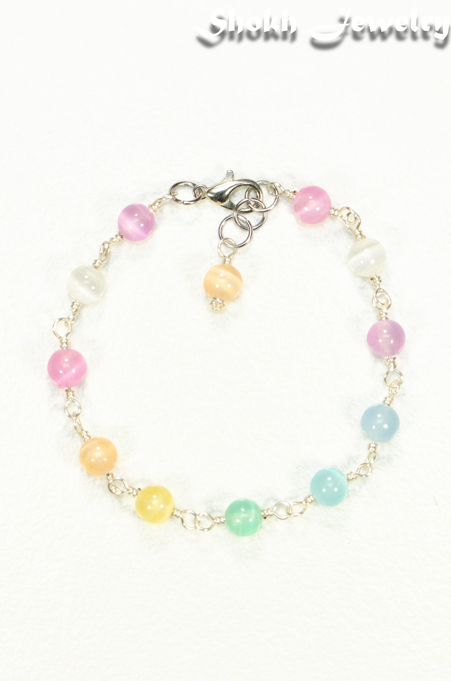Top view of 6mm Rainbow Selenite Link Anklet.
