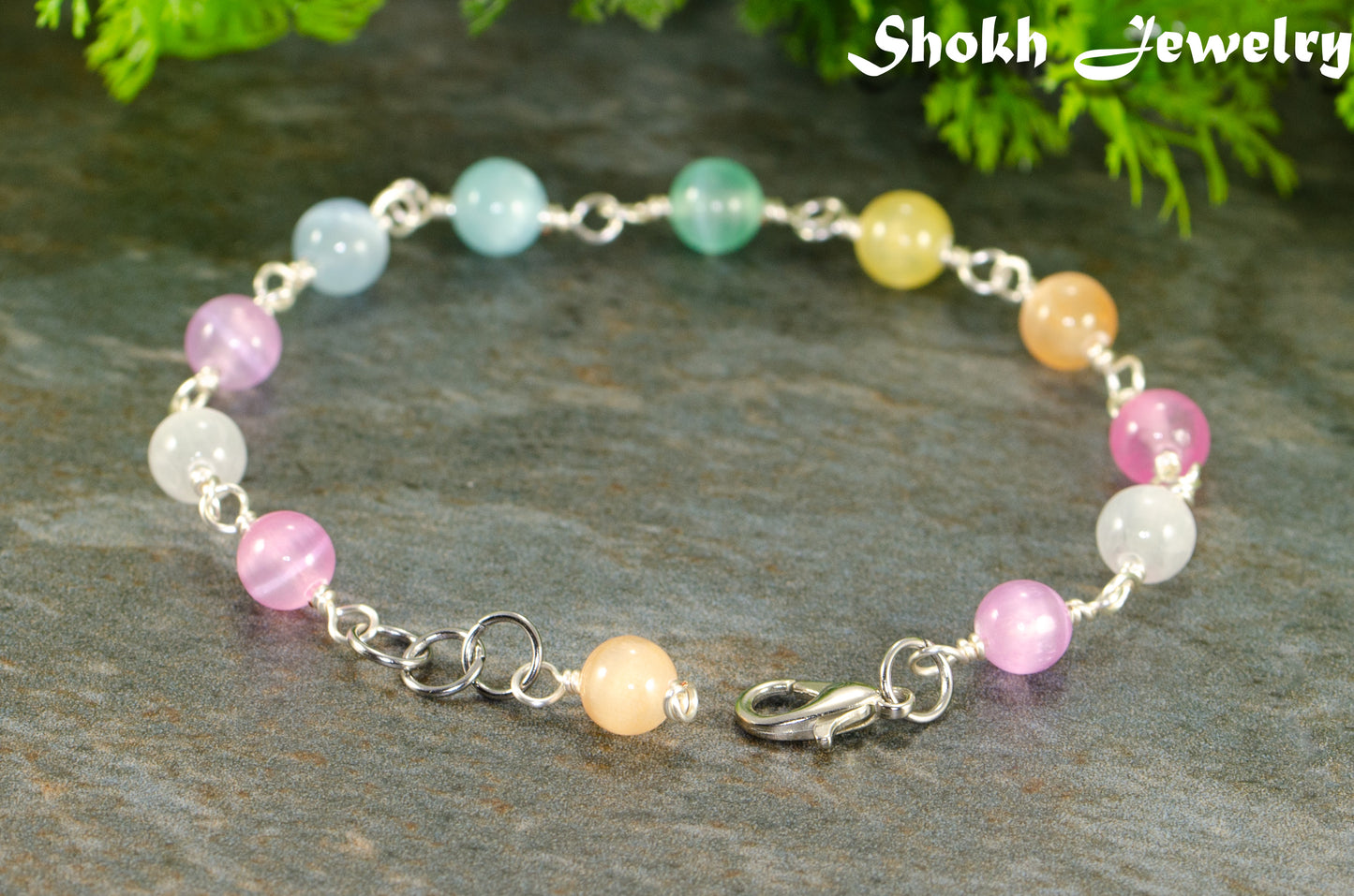 Close up of 6mm Rainbow Selenite Link Anklet.