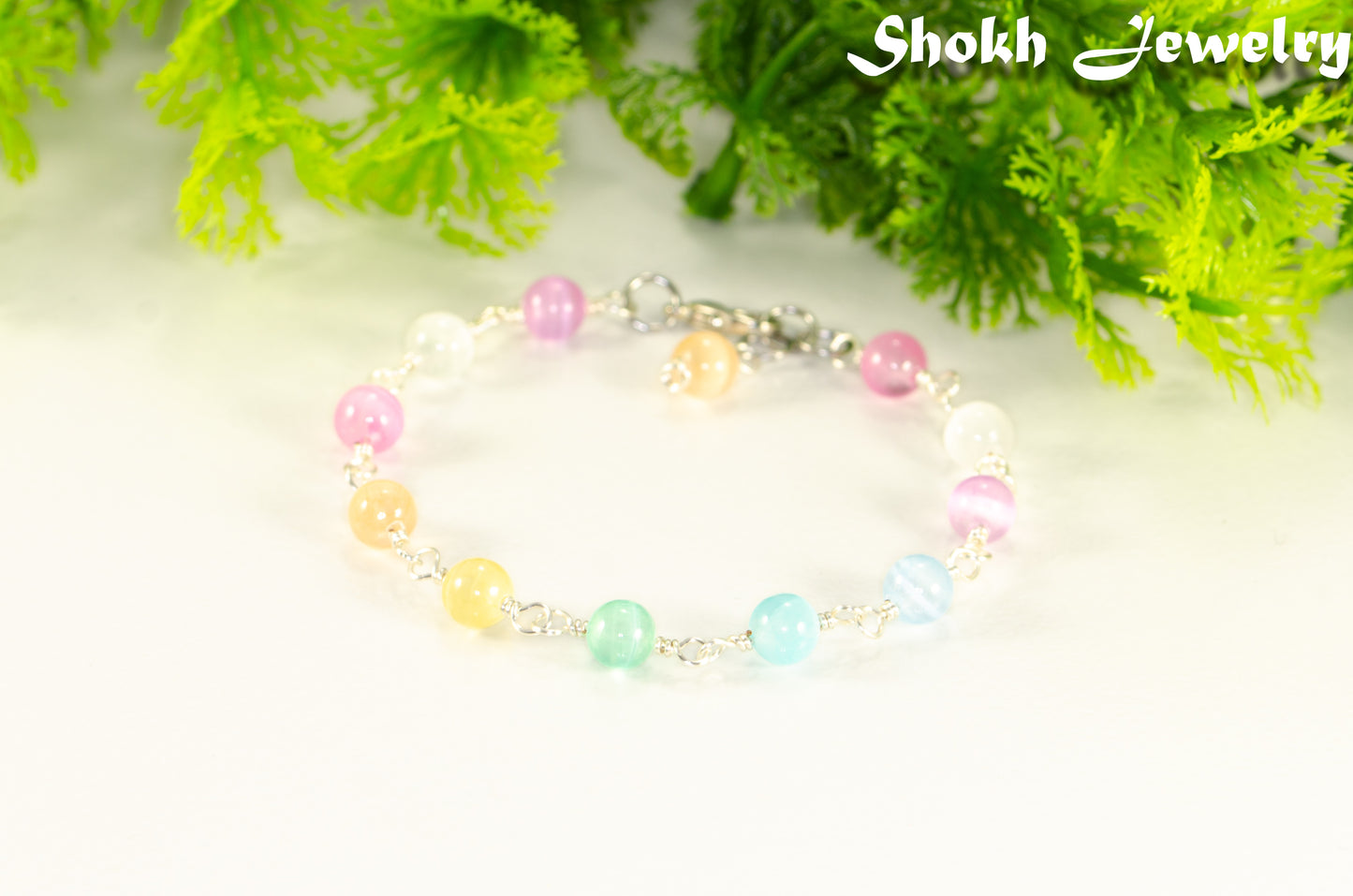 6mm Rainbow Selenite Link Anklet on white background.