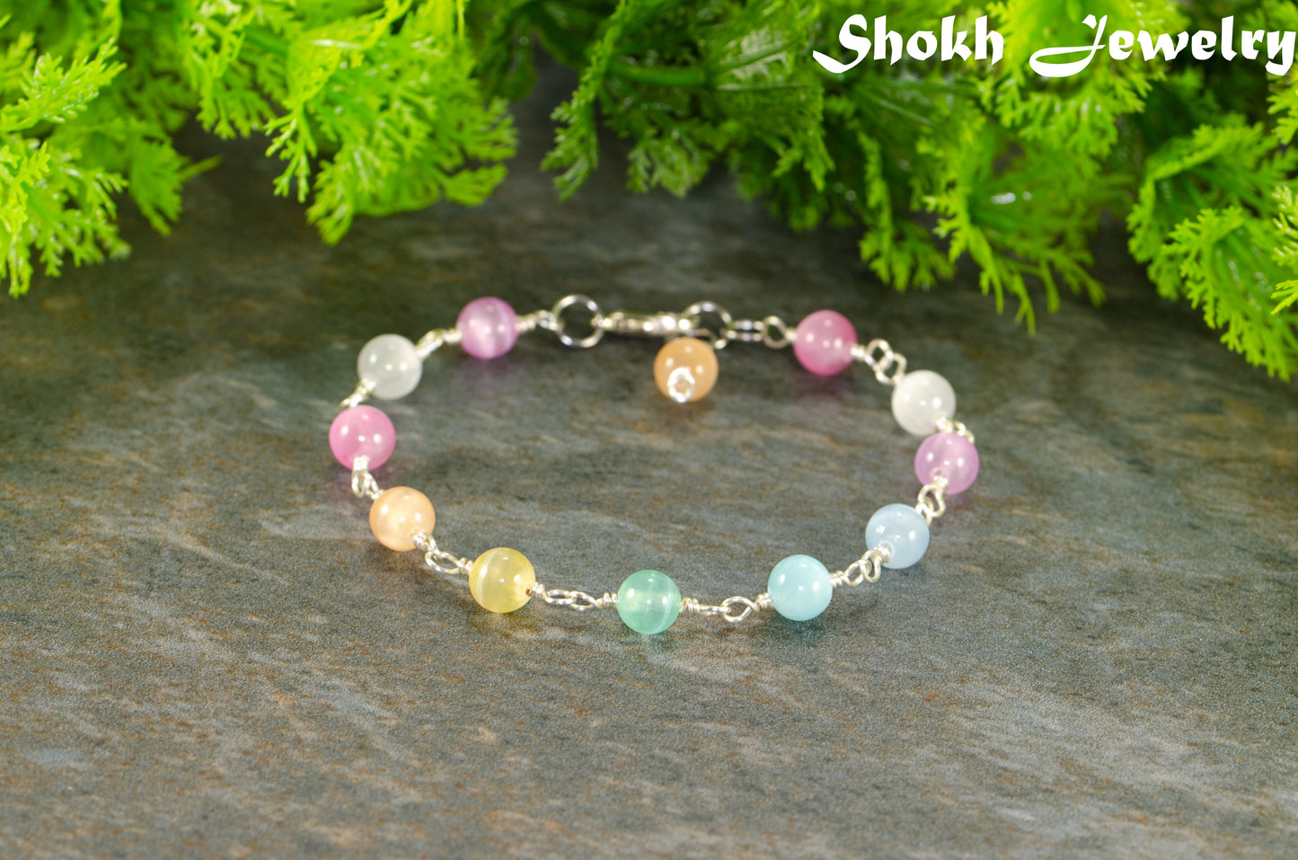 6mm Rainbow Selenite Link Bracelet with clasp and a dangle.