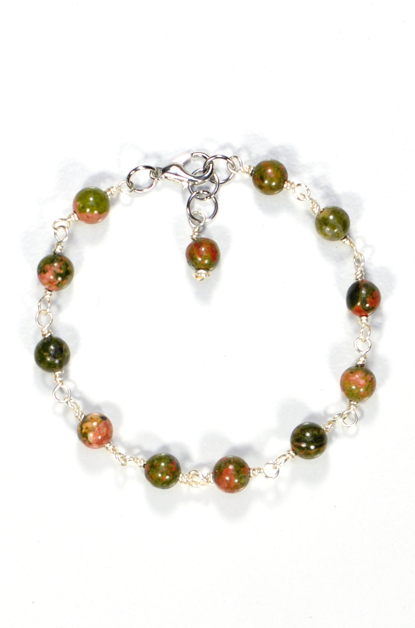 Top view of 6mm Unakite Jasper Link Bracelet.