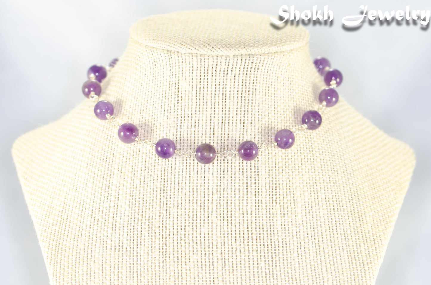 8mm Amethyst Crystal Link Choker Necklace displayed on a bust.