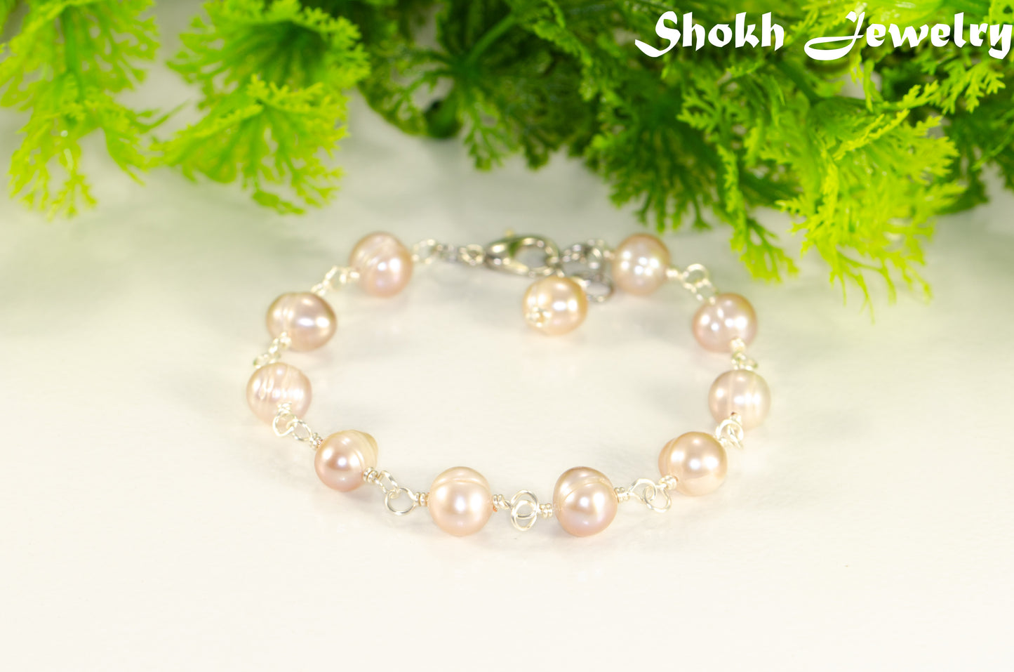 Lavender Freshwater Pearls Link Chain Bracelet for women.