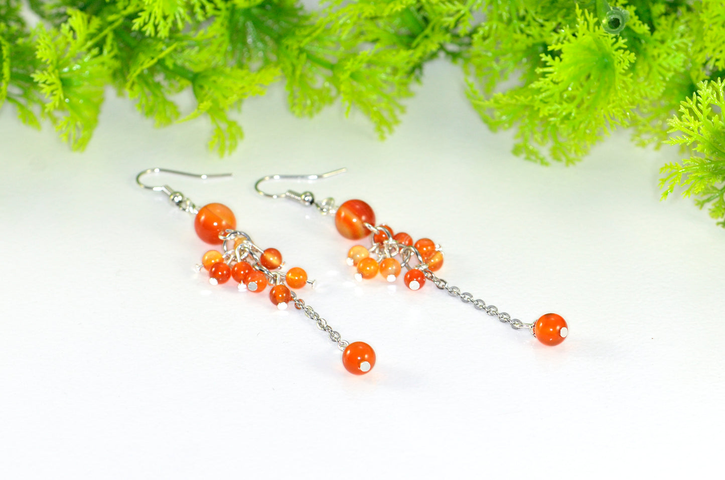Long Stainless Steel Chain and Carnelian Earrings for women.