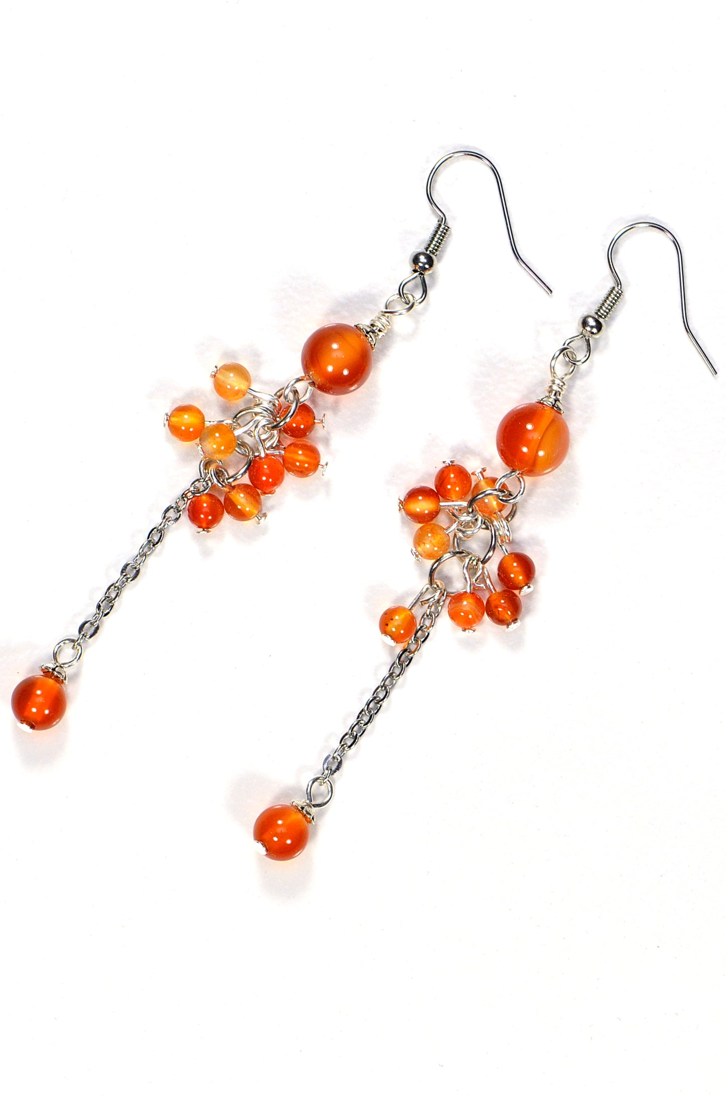 Top view of Long Stainless Steel Chain and Carnelian Earrings.
