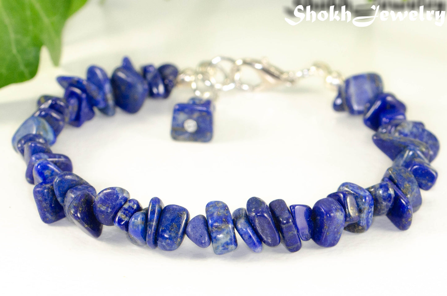 Close up of Natural Lapis Lazuli Chip Bracelet.