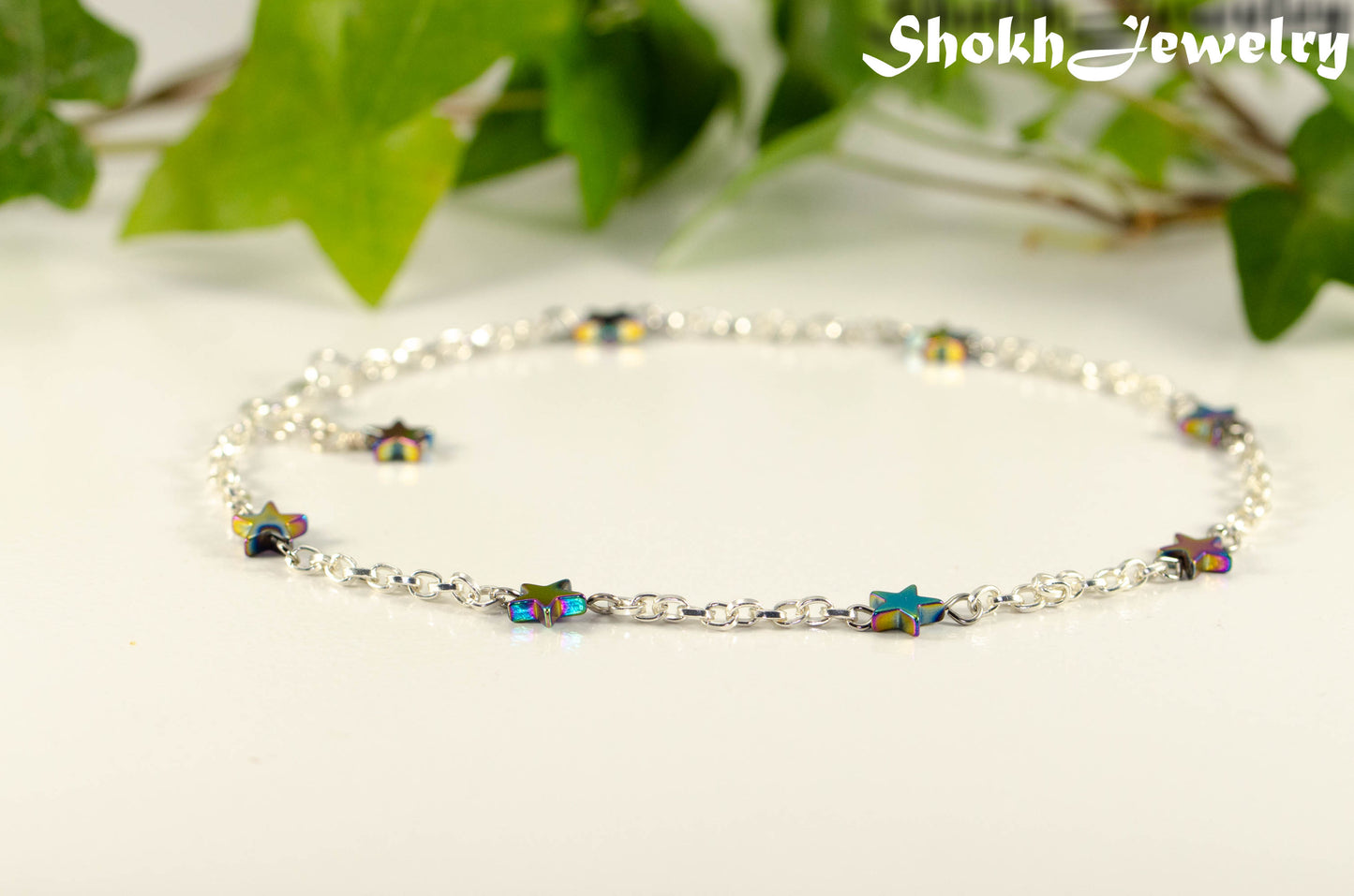 Rainbow Hematite Star and Chain Choker Necklace with clasp, extender chain and a dangle.