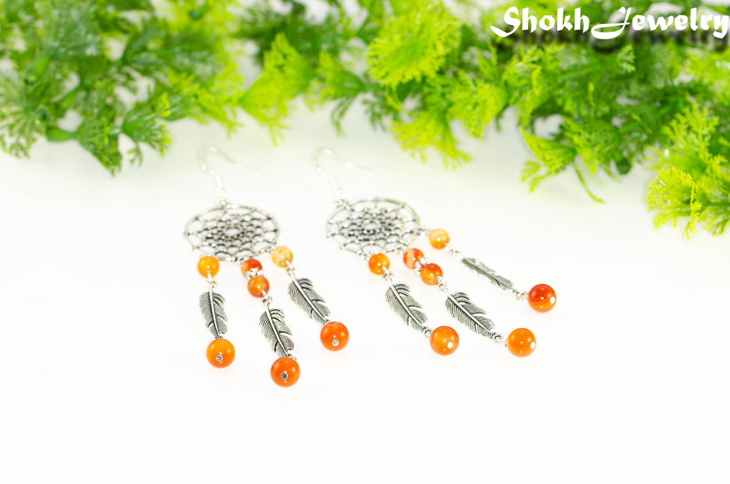 Extra Long Carnelian Dream Catcher Earrings.