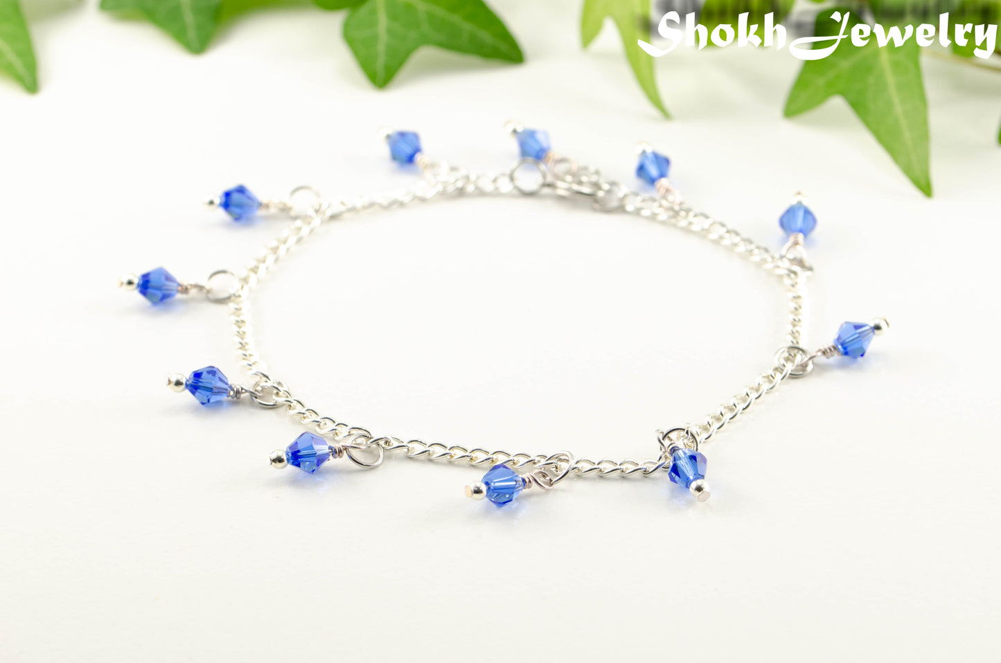 Navy Blue Glass Crystal Dangle and Chain Anklet for women.