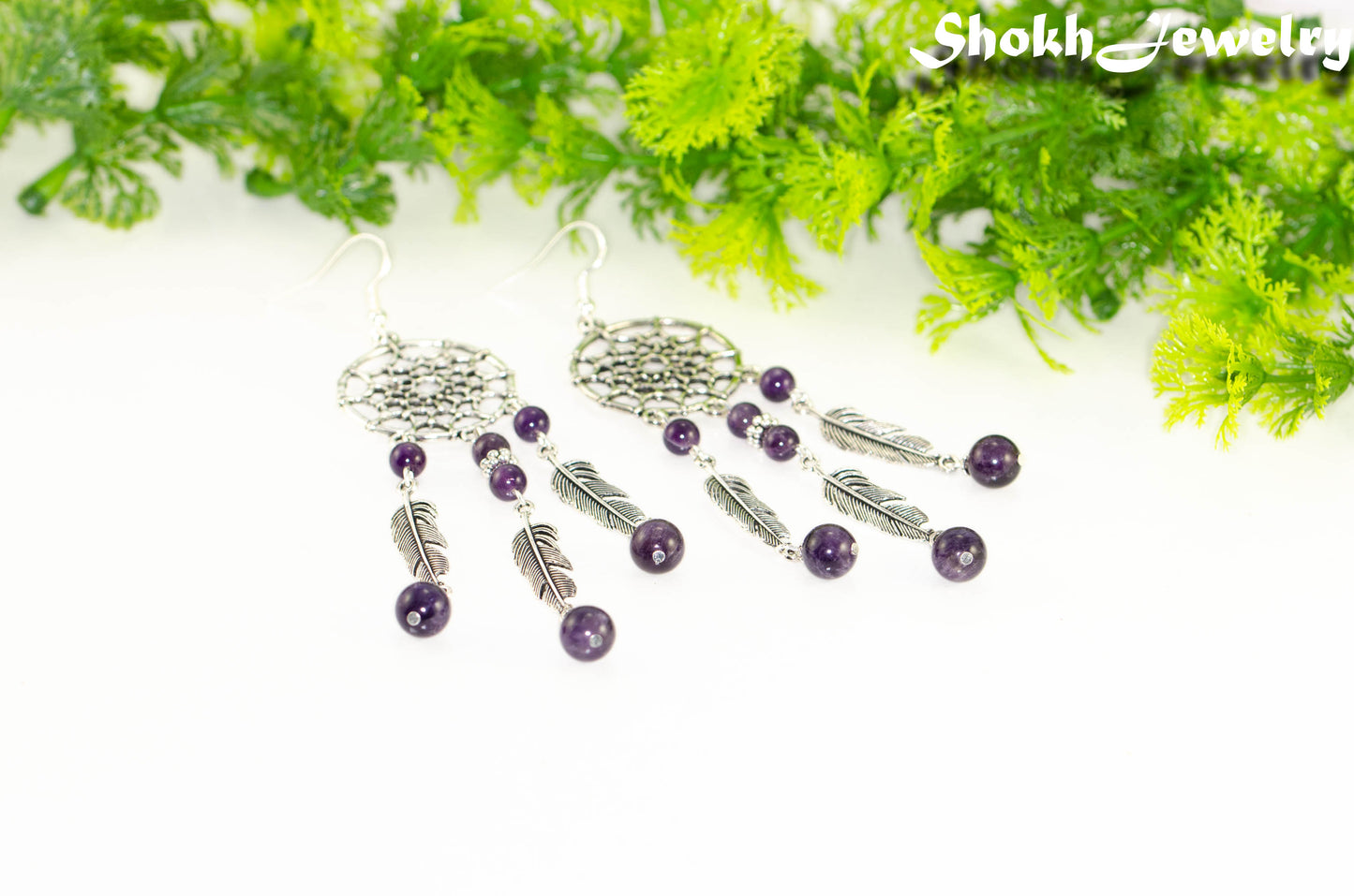 Extra Long Amethyst Dream Catcher Earrings.