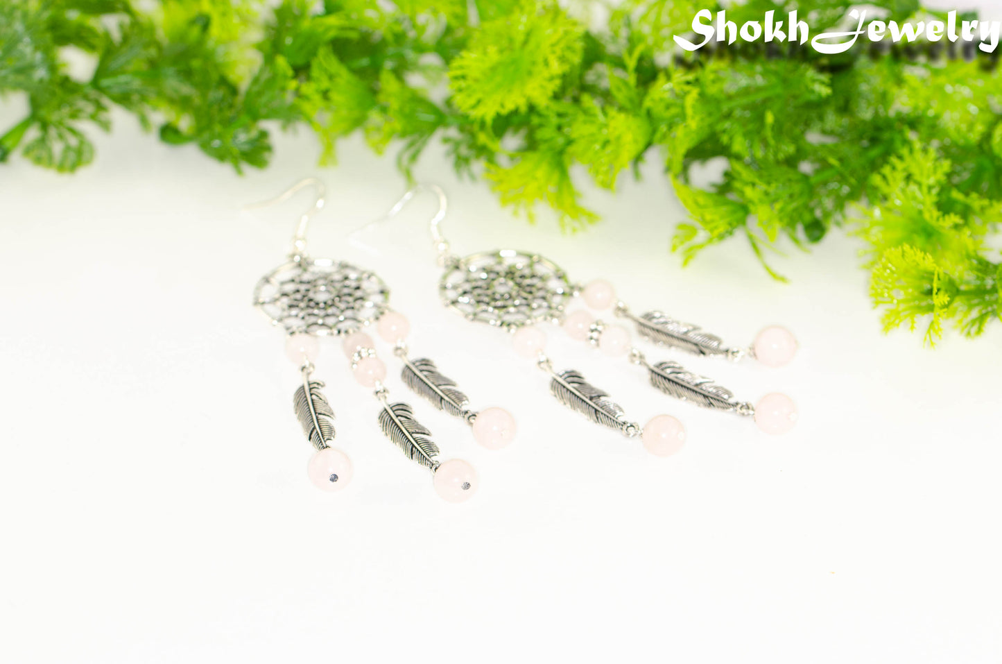 Extra Long Rose Quartz Dream Catcher Earrings.