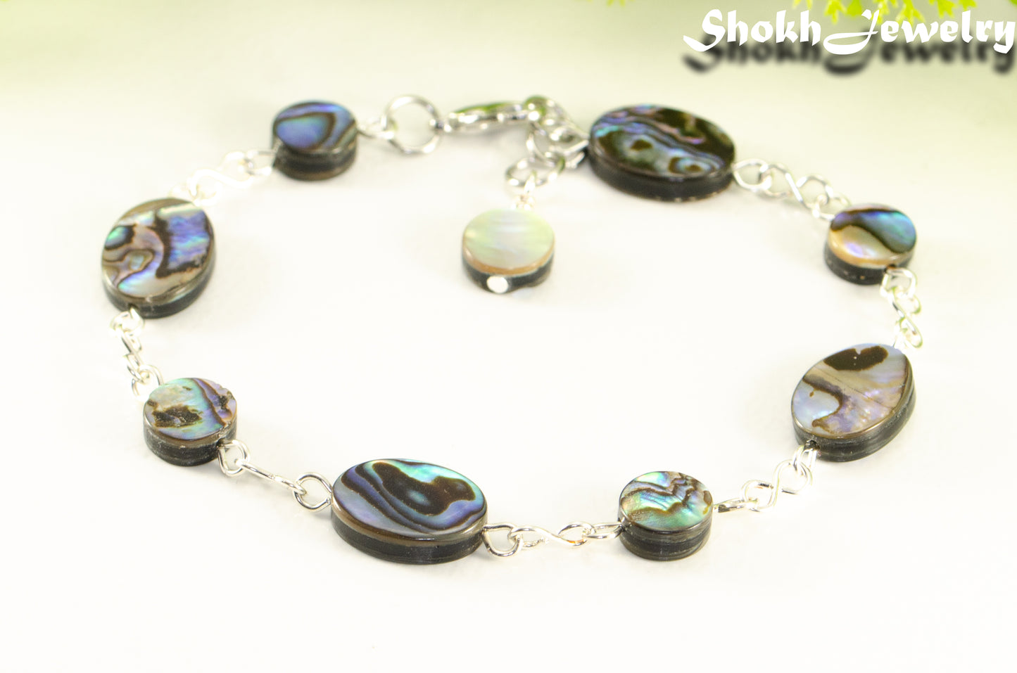 Close up of Natural Abalone Seashell Link Bracelet.