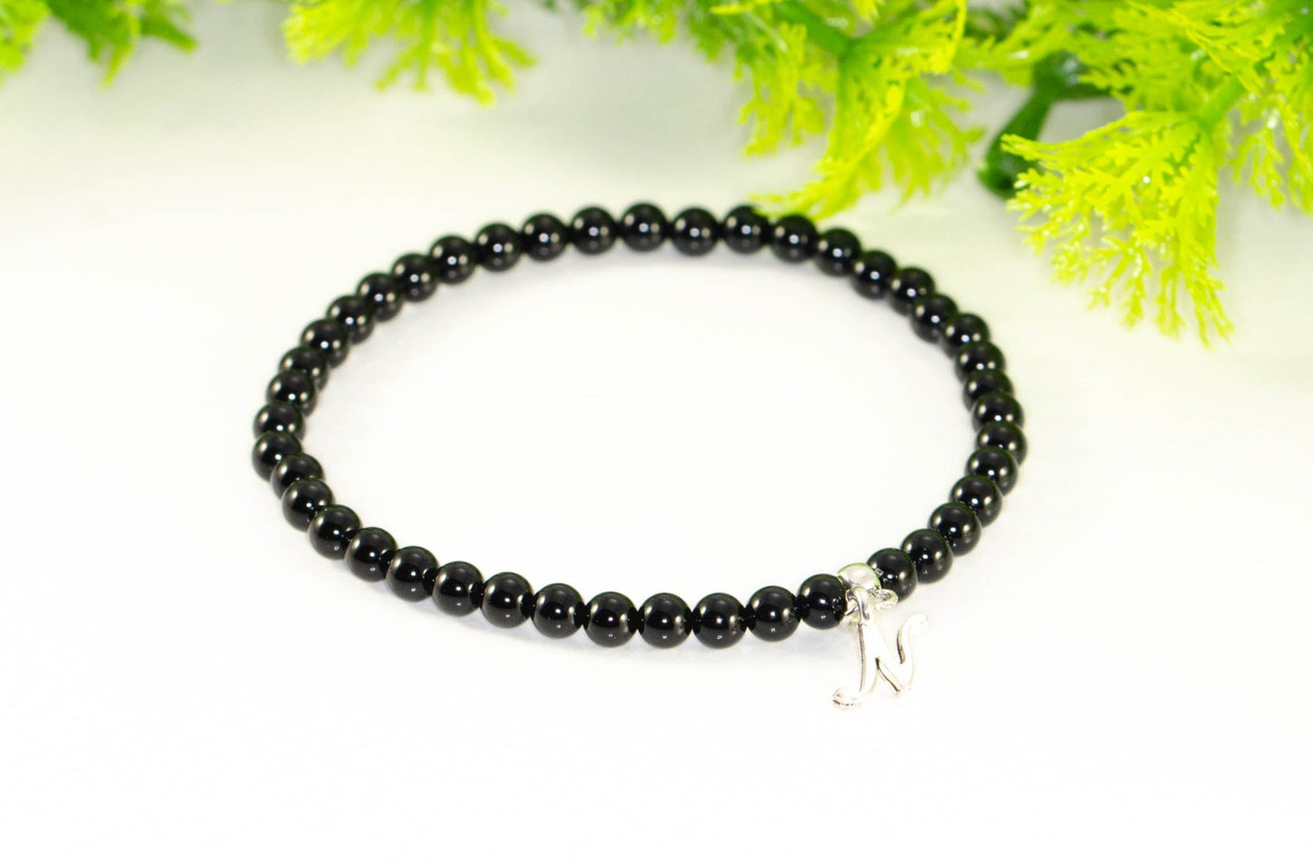 Black Obsidian Bracelet with Initial