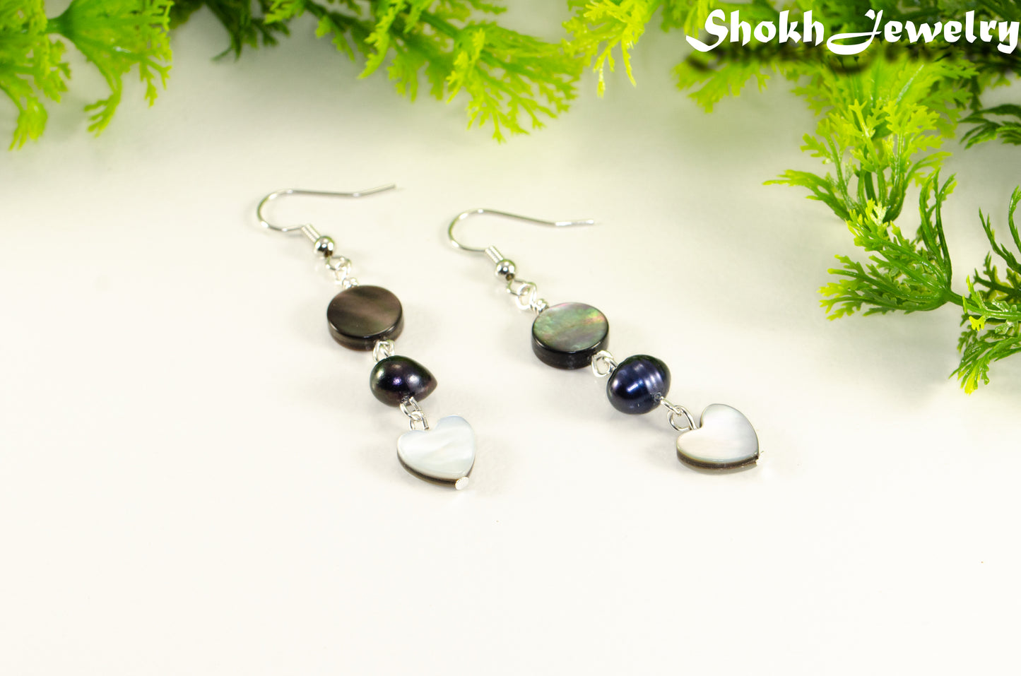 Grey Seashell and Black Pearl Earrings.