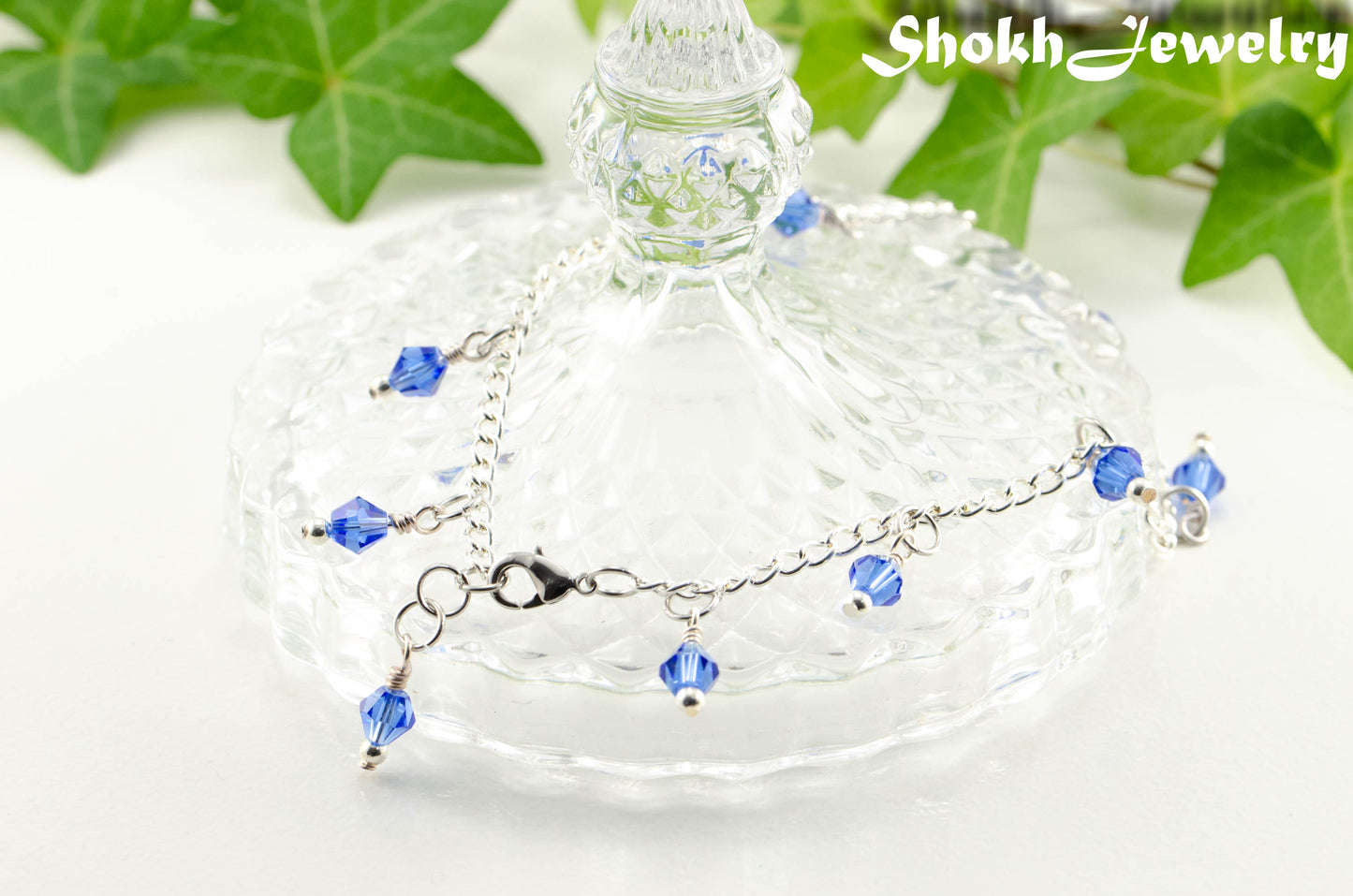 Navy Blue Glass Crystal Dangle and Chain Anklet.