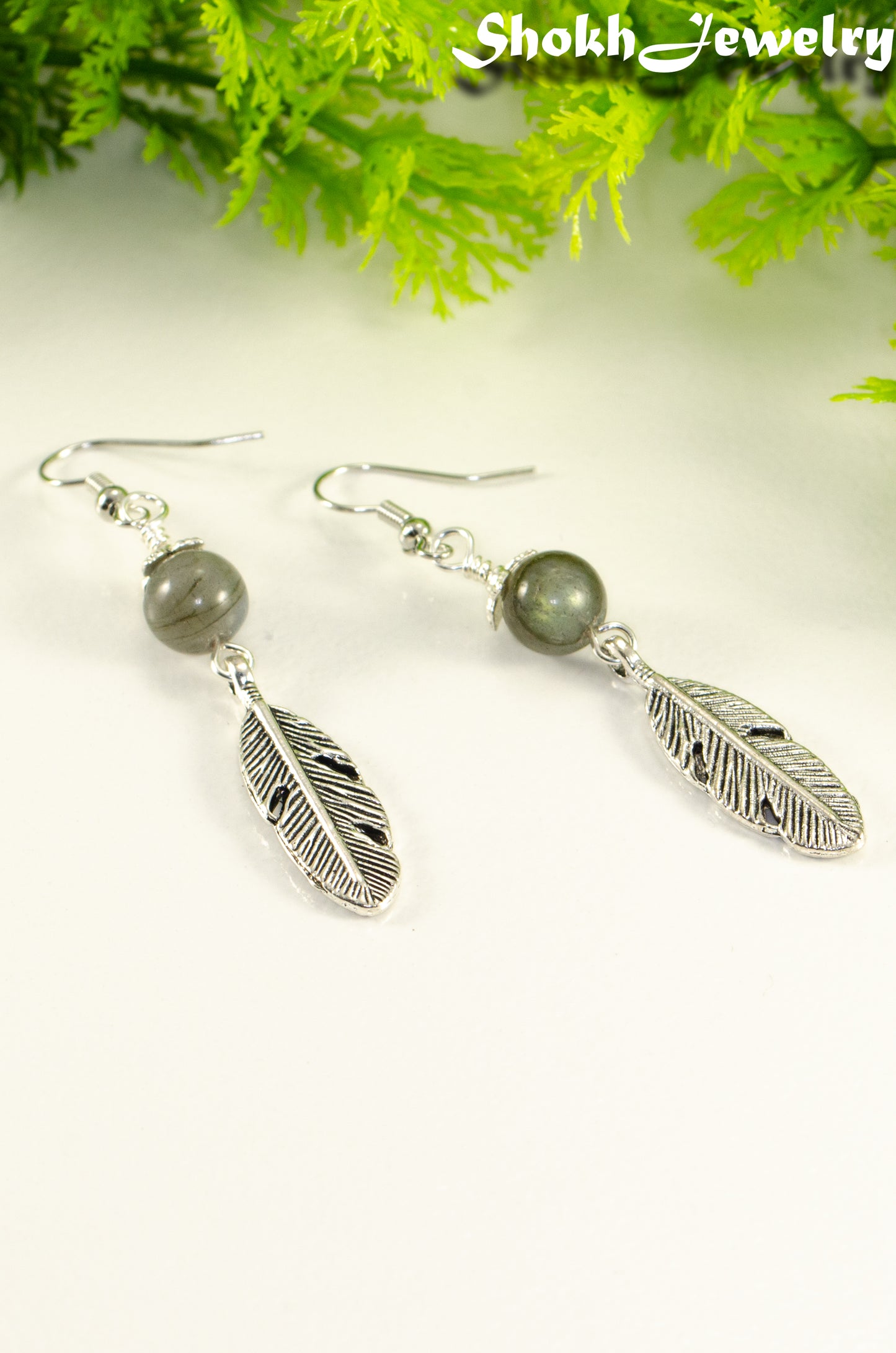 Labradorite Crystal and Tibetan Silver Feather Earrings.
