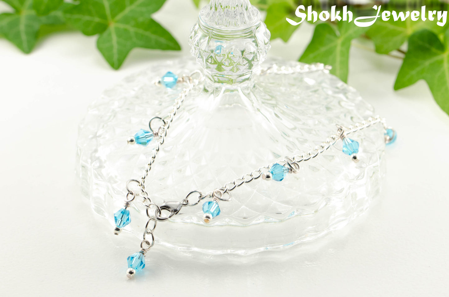 Aqua Blue Glass Crystal Dangle and Chain Anklet.