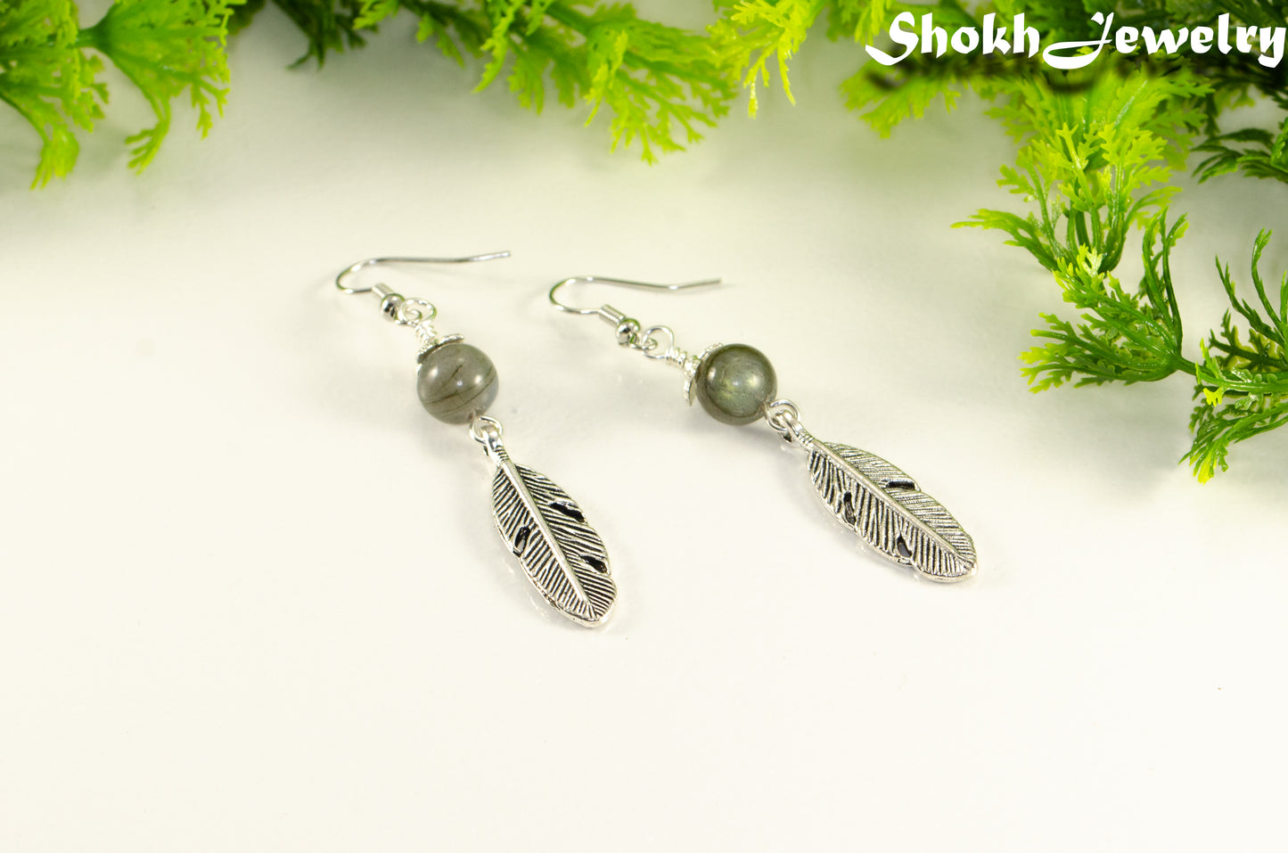 Labradorite Crystal and Tibetan Silver Feather Earrings.