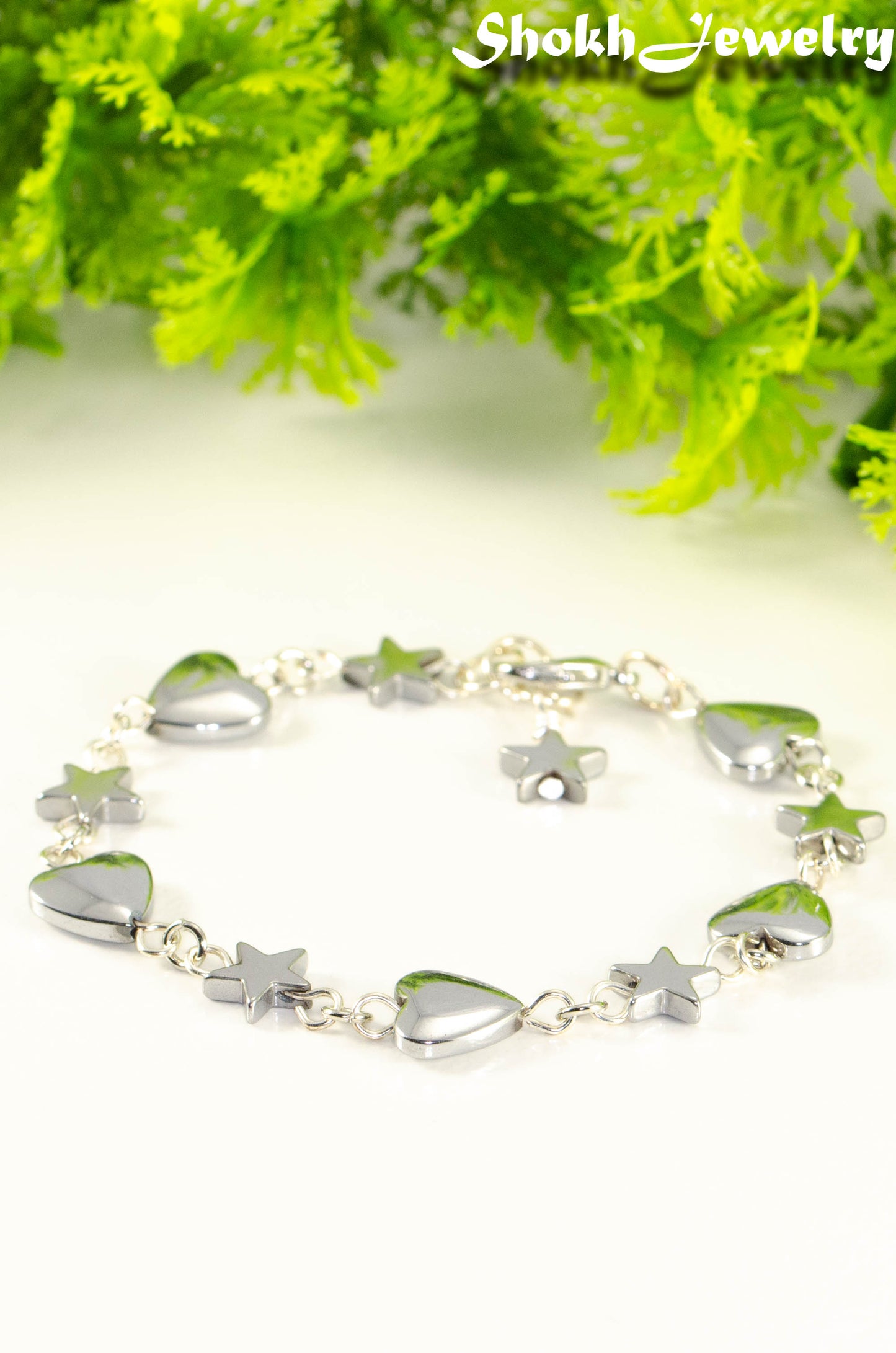 Handmade Hematite Heart and Star Link Bracelet.