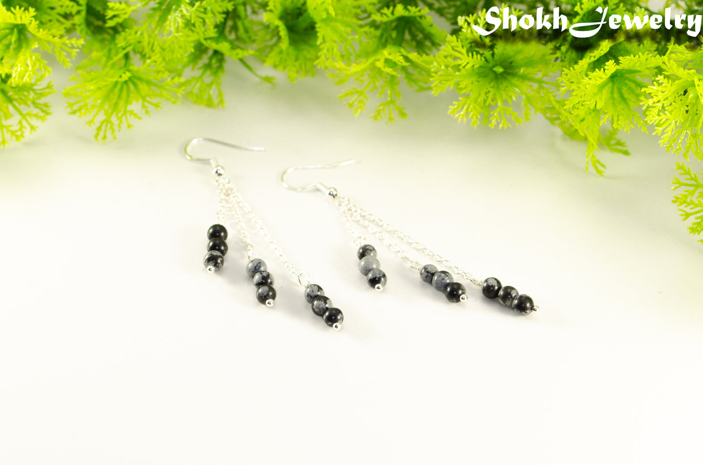 Silver Plated Chain and Snowflake Obsidian Stone Earrings.