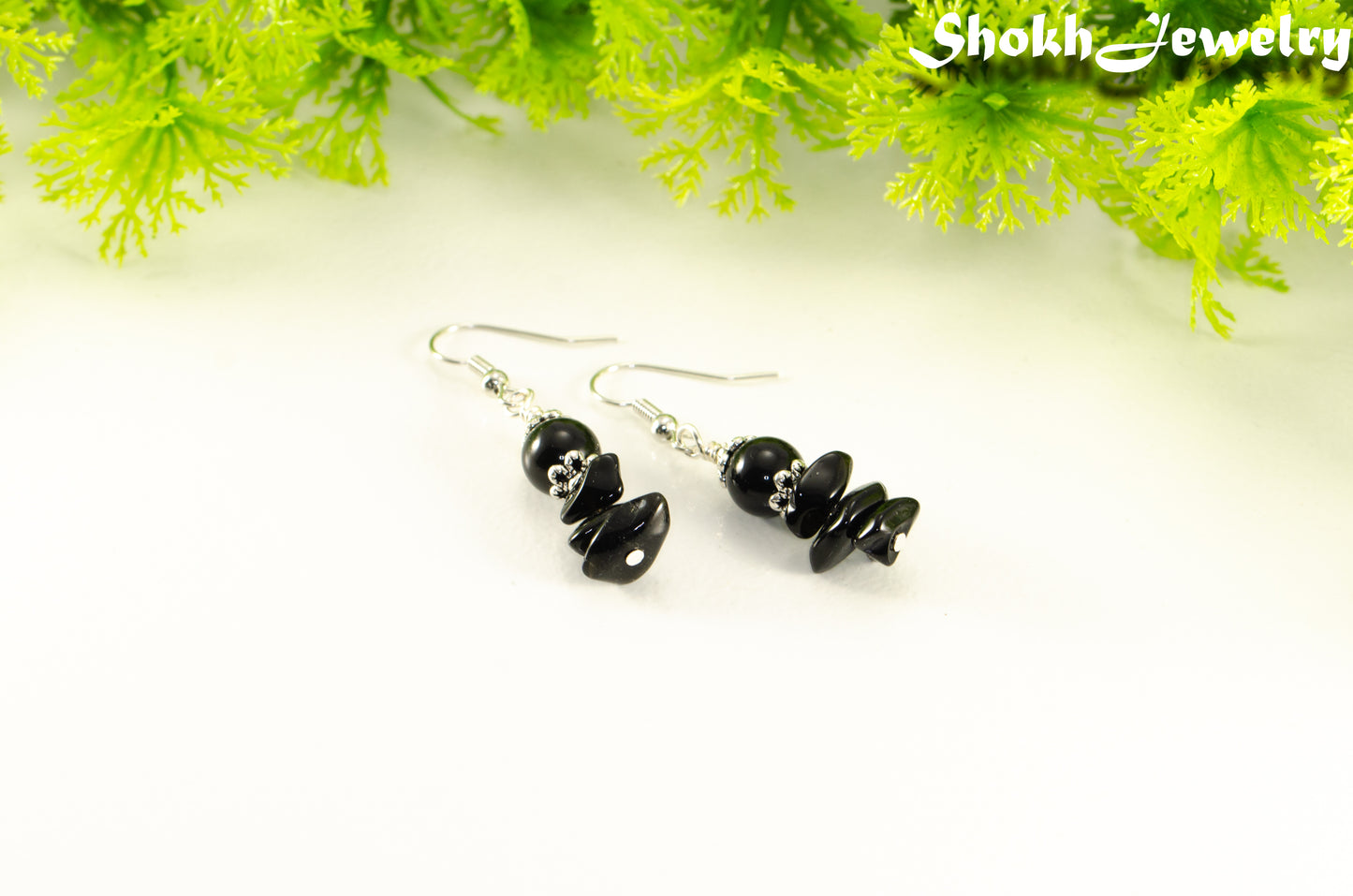 Simple Black Obsidian Crystal Chip Earrings for women.