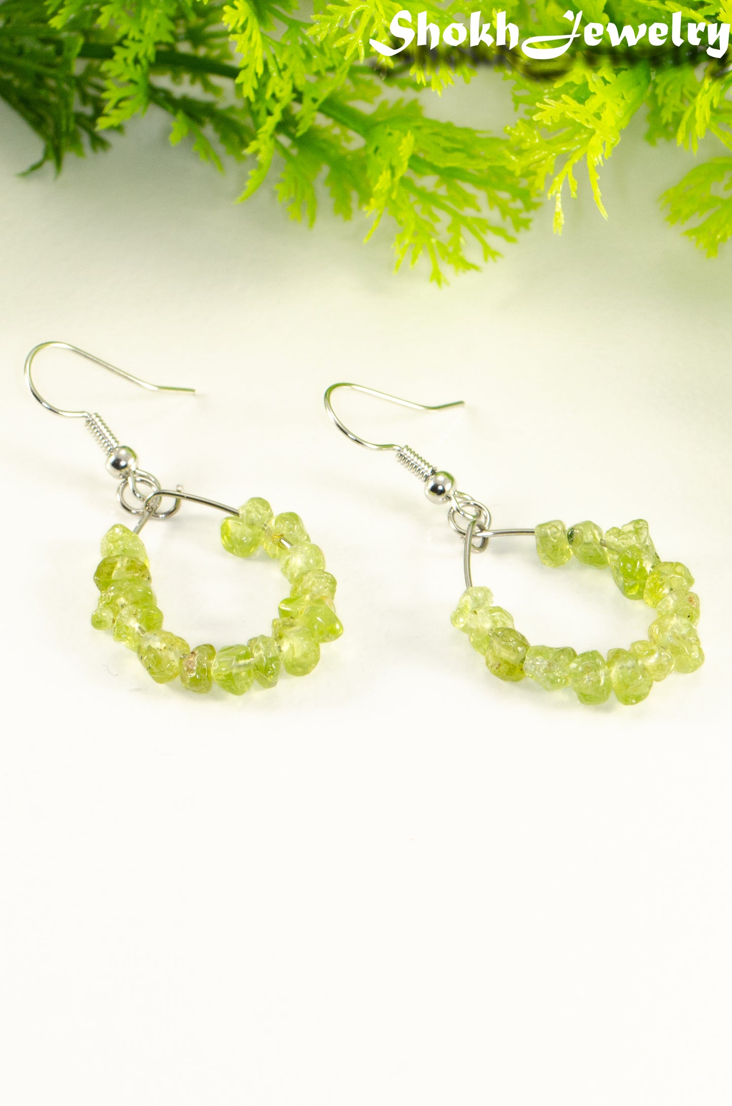 Natural Peridot Crystal Chip Hoop Earrings.