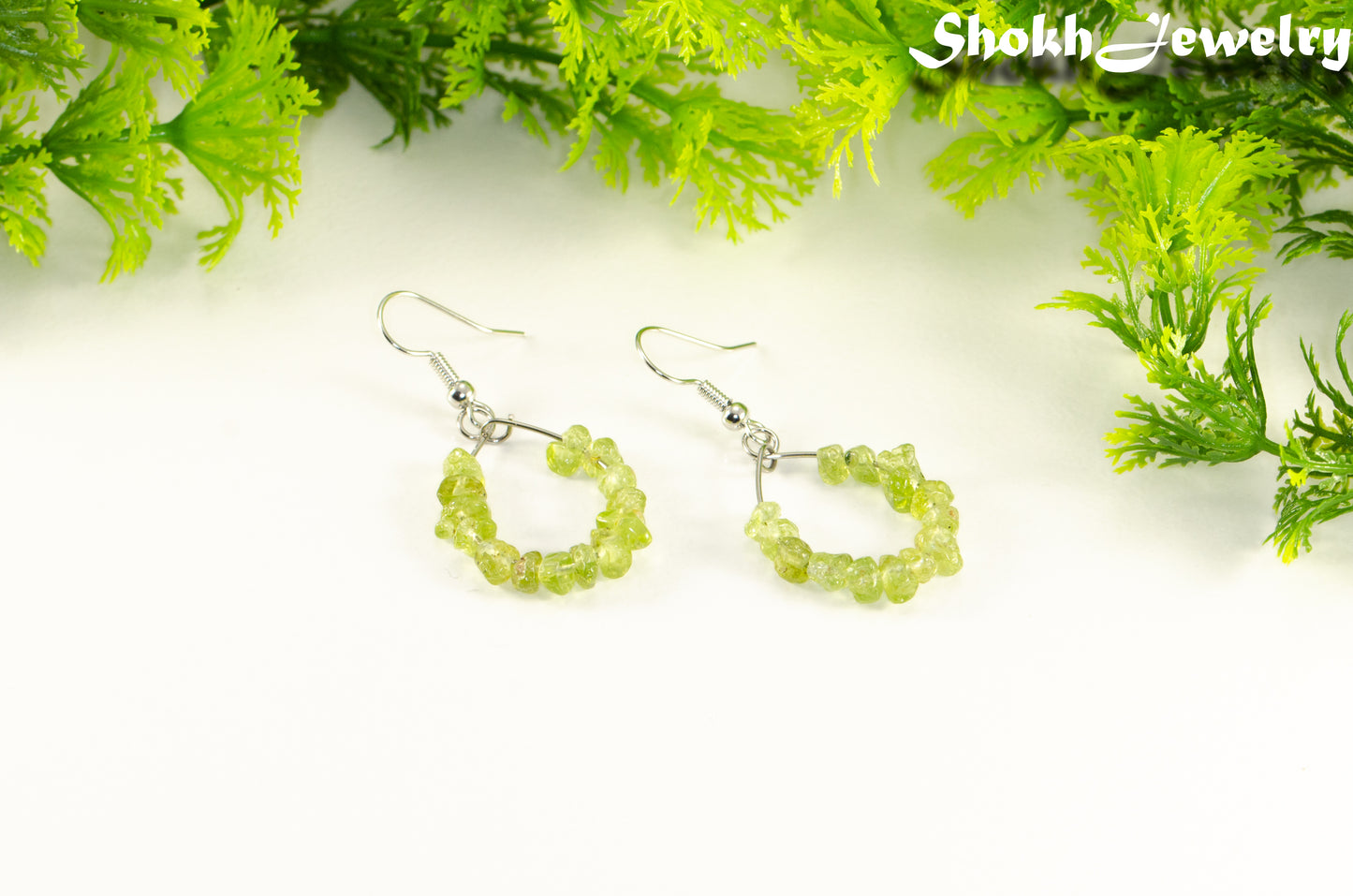 Natural Peridot Crystal Chip Hoop Earrings.