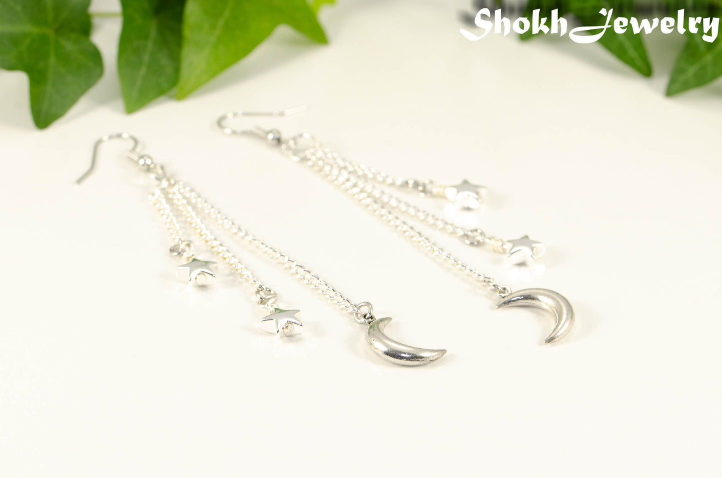 Extra Long Crescent Moon and Hematite Star Earrings