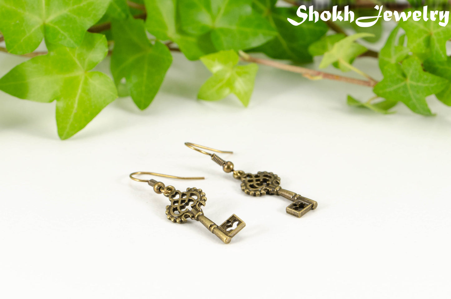 Bronze Skeleton Key Charm Earrings.