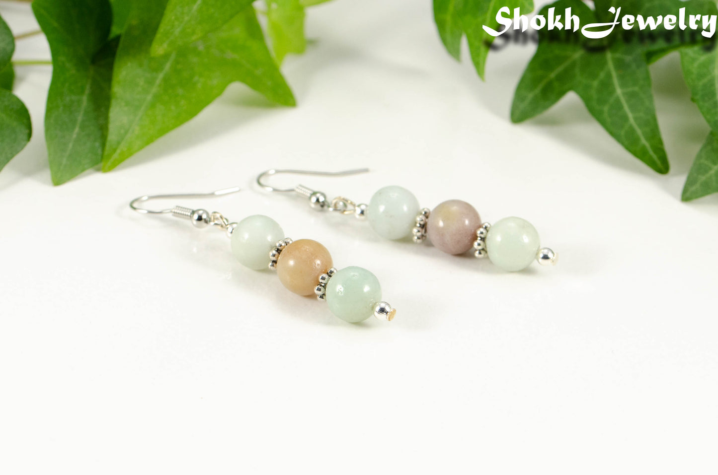 Close up of Natural Amazonite Beaded Bar Earrings.