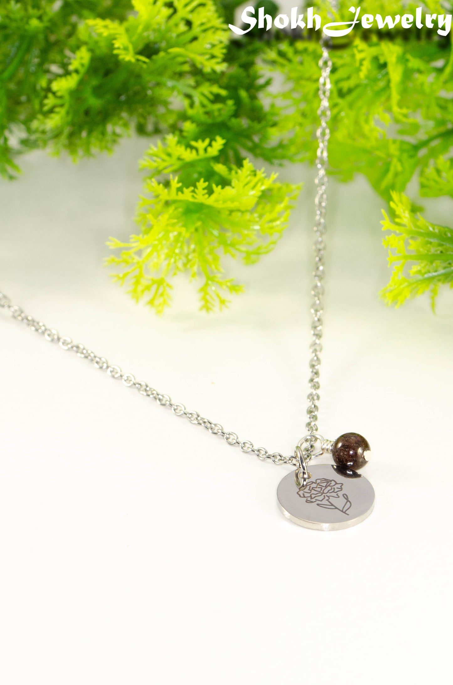 January Birth Flower Necklace with Garnet Birthstone Pendant